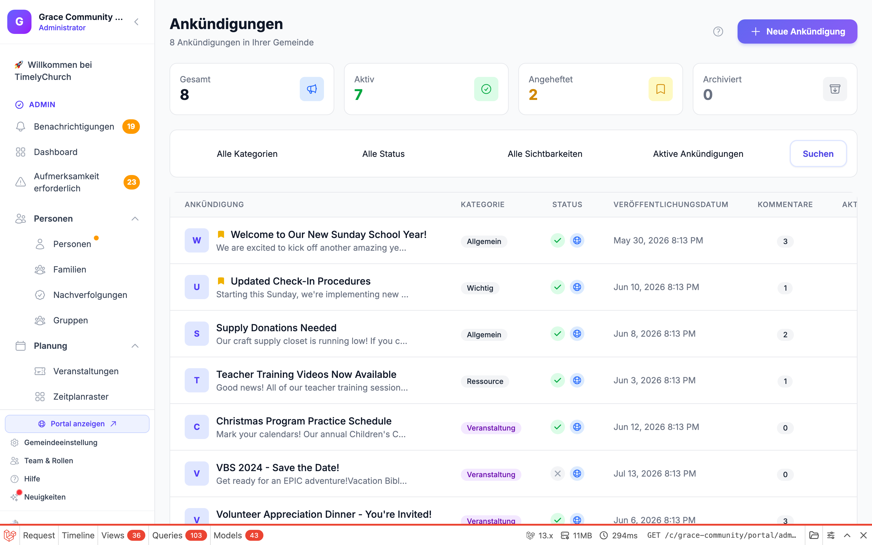 Formular „Neue Ankündigung" mit Titel, Inhalt und Anheften-Option