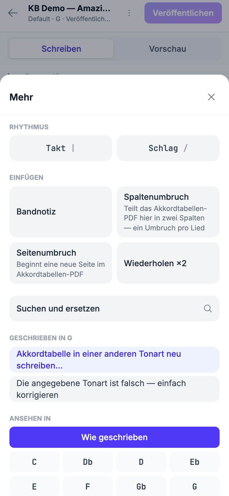 Das Mehr-Blatt auf einem Handy geöffnet, mit Rhythmus, Suchen, Geschrieben in, Ansehen in, Sequenz, Exportieren und Zurücksetzen