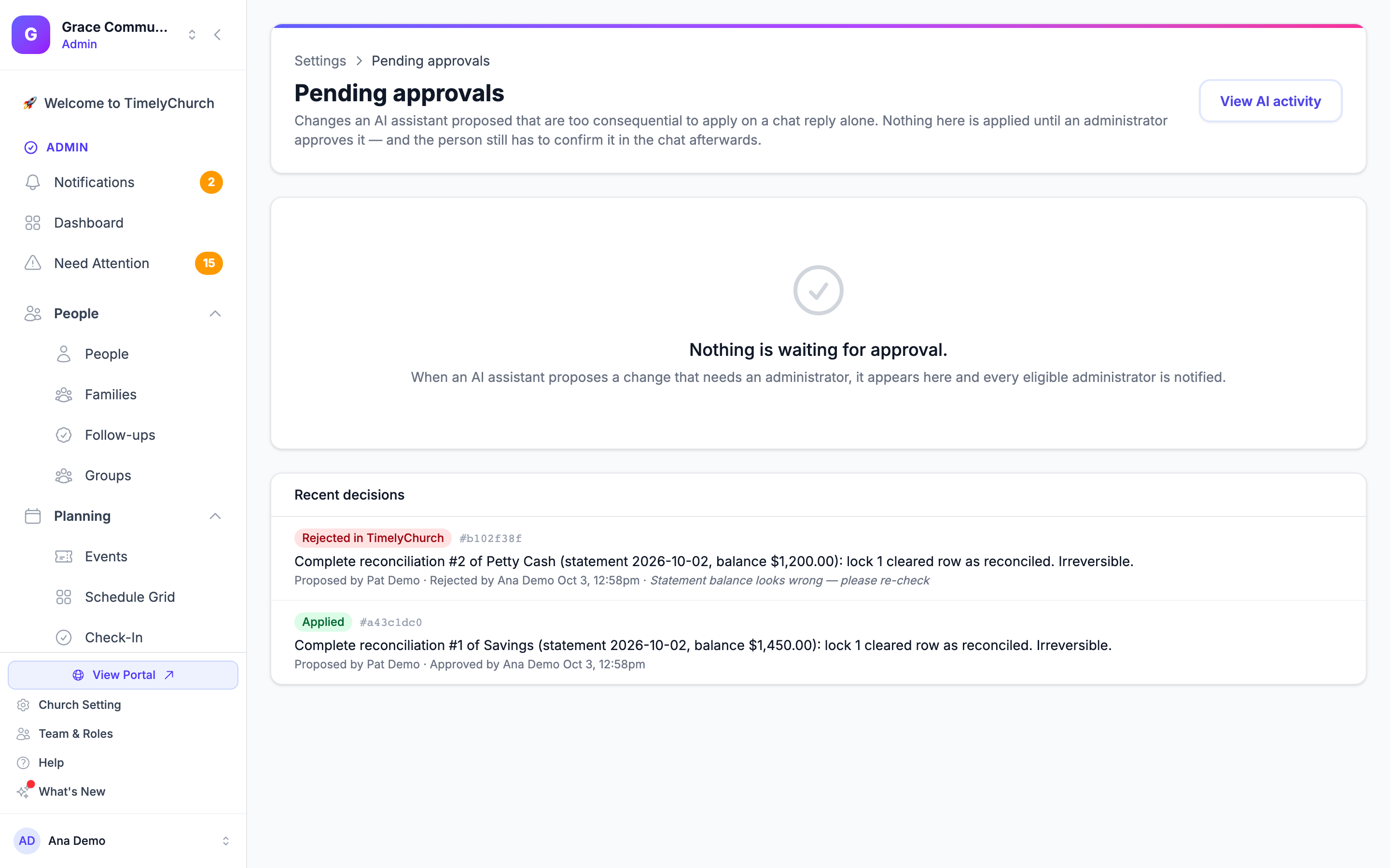 The "Recent decisions" list on the Pending approvals page with one change labelled "Applied" and one labelled "Rejected in TimelyChurch" with its reason