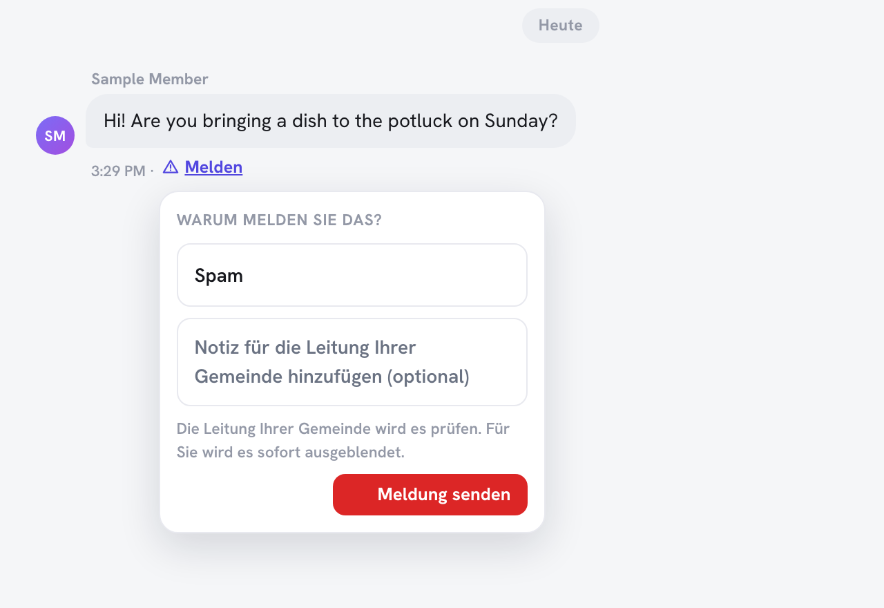 ein Nachrichtenverlauf im Mitgliederportal mit geöffnetem Formular „Melden", das die Auswahlliste „Warum melden Sie das?", das optionale Notizfeld und die Schaltfläche Meldung senden zeigt