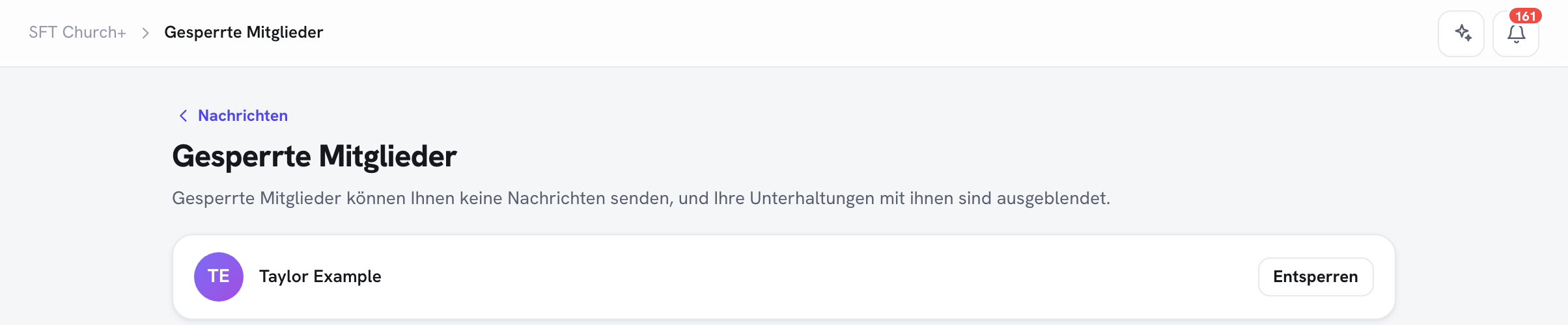 die Seite „Gesperrte Mitglieder" im Mitgliederportal, die eine gesperrte Person mit der Schaltfläche Entsperren auflistet