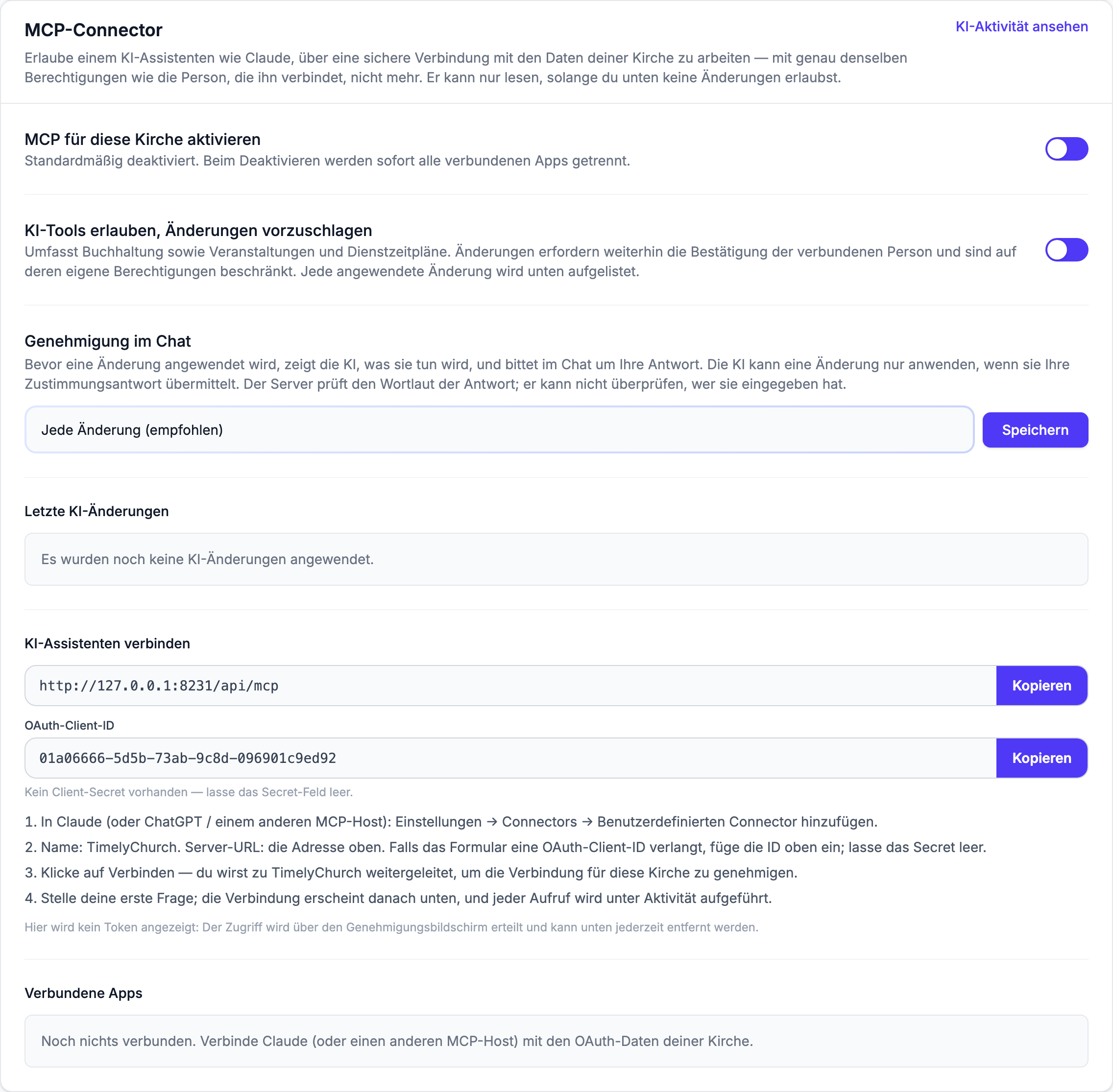 Die Karte MCP-Connector auf dem Tab Integrationen, eingeschaltet, mit „MCP für diese Kirche aktivieren", „KI-Tools erlauben, Änderungen vorzuschlagen", dem Dropdown „Genehmigung im Chat" und dem Link „KI-Aktivität ansehen"