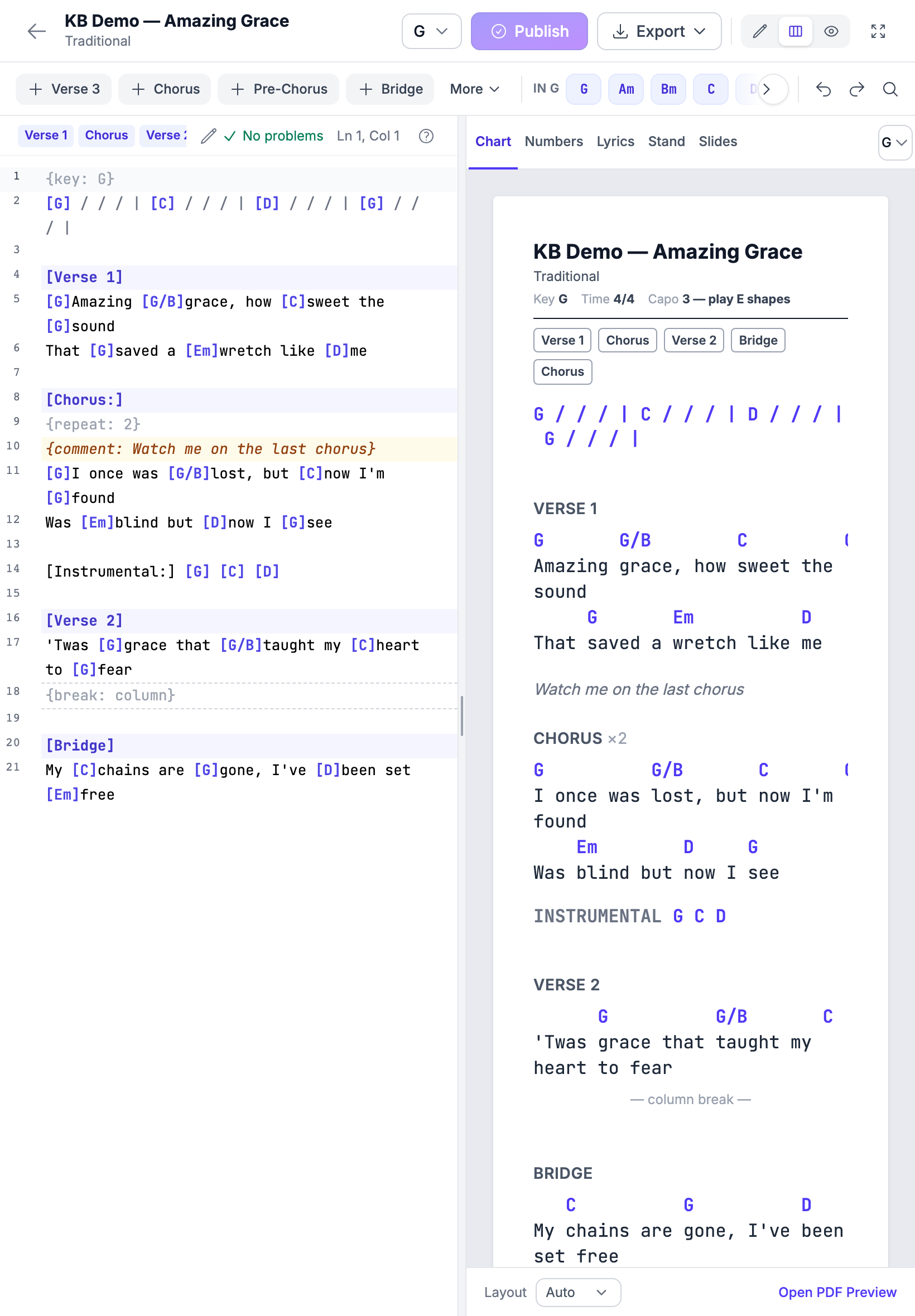 The editor on a tablet: the ribbon with the section and chord chips, an arrow at its right edge to scroll to more tools, and Undo, Redo and Find pinned at the right end