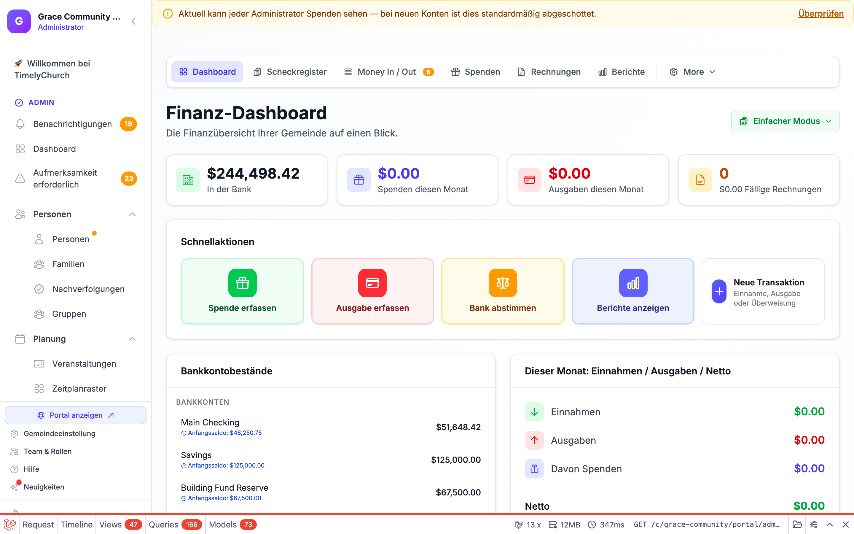 Die Buchhaltungs-Registerleiste (Dashboard, Scheckregister, Transaktionen, Spenden, Rechnungen, Berichte) mit dem Dropdown-Menü „Einrichten ▾" auf der rechten Seite, oben im Finanz-Dashboard angezeigt. Die Demo-Gemeinde befindet sich im vollständigen Buchhaltungsmodus (Erweitert), daher ist das Dropdown-Menü mit „Einrichten ▾" beschriftet.