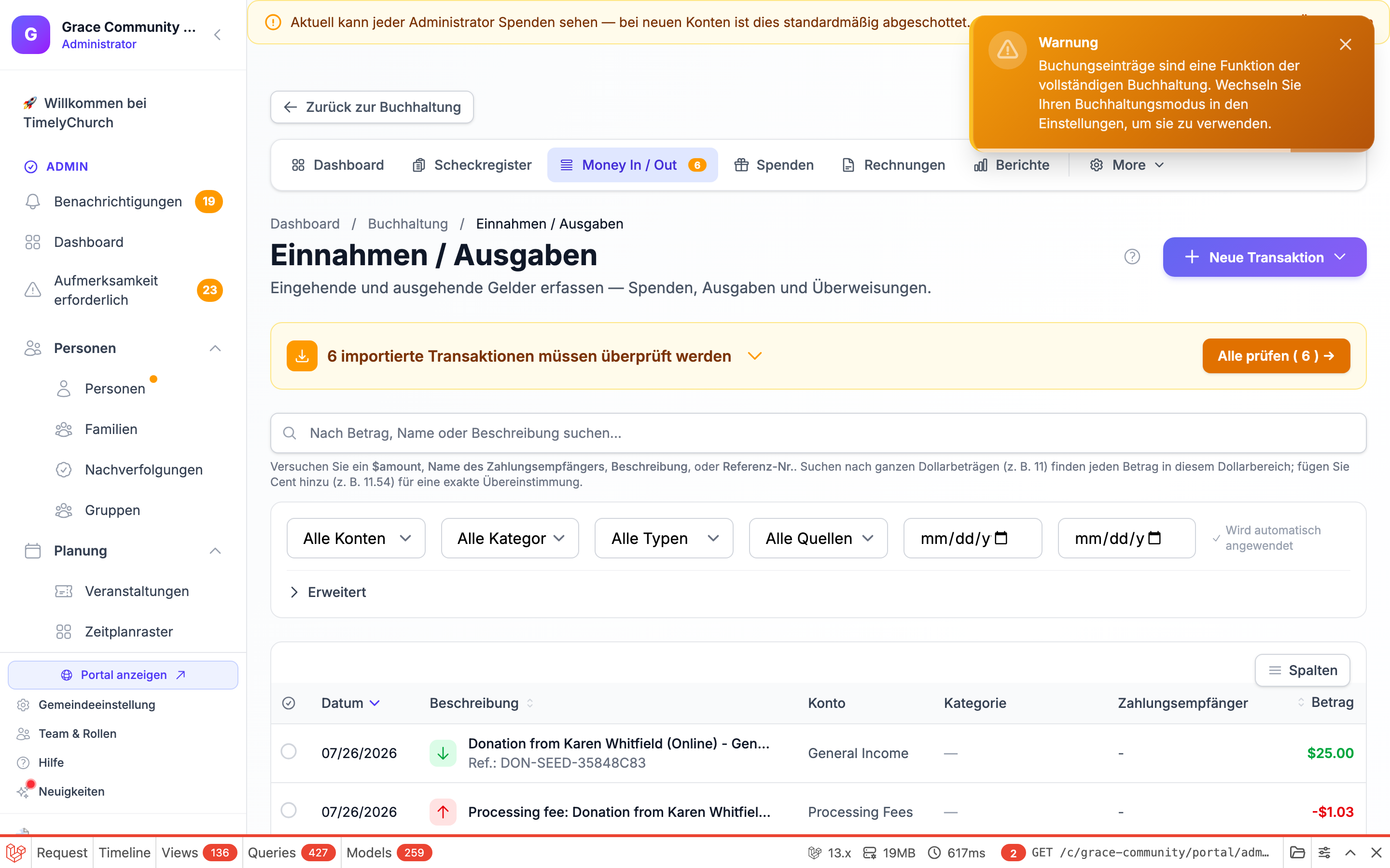 Das Formular „Neue Journalbuchung" (journal-entries/create) mit dem Kopfbereich Datum / Referenz / Beschreibung, der Aufteilungstabelle mit den Spalten Konto / Fonds / Memo / Soll / Haben, dem Link „Zeile hinzufügen", der laufenden Zeile Differenz (S − H) und der deaktivierten Schaltfläche „Journalbuchung buchen". Einfache Seitenansicht – das vollständige Formular wird beim Laden angezeigt.