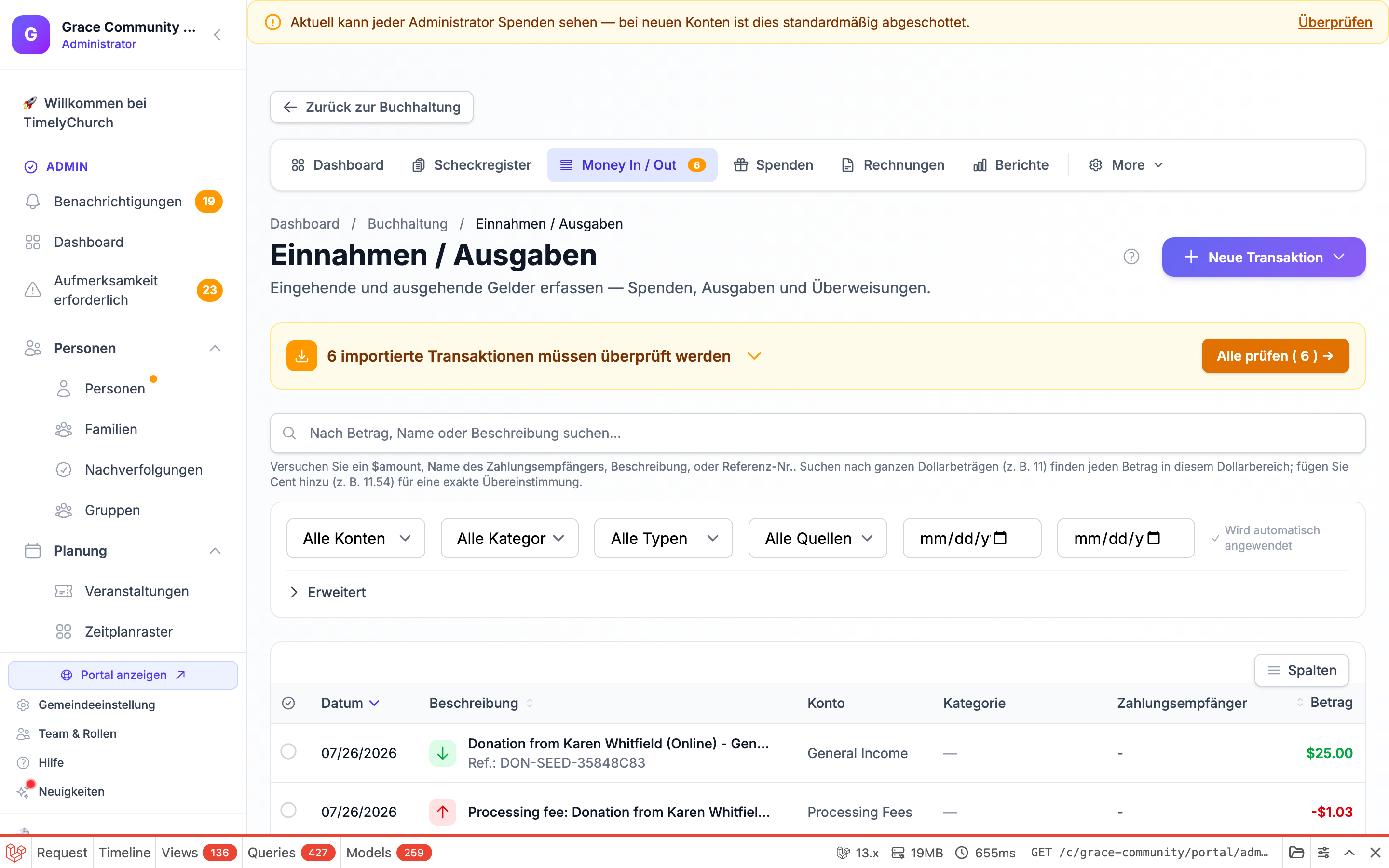 Das Modal „Transaktion erfassen" im Vollständigen Buchhaltungsmodus zeigt die Dropdown-Menüs für Fonds und Klasse nebeneinander. Geöffnet über Neue Transaktion > Neue Einnahme. Hinweis: Die Demo-Gemeinde hat 0 geseedete Verfolgungsklassen, sodass das Klassen-Dropdown nur Keine anzeigt, aber das nebeneinander liegende Fonds- und Klassen-Layout ist korrekt dargestellt.