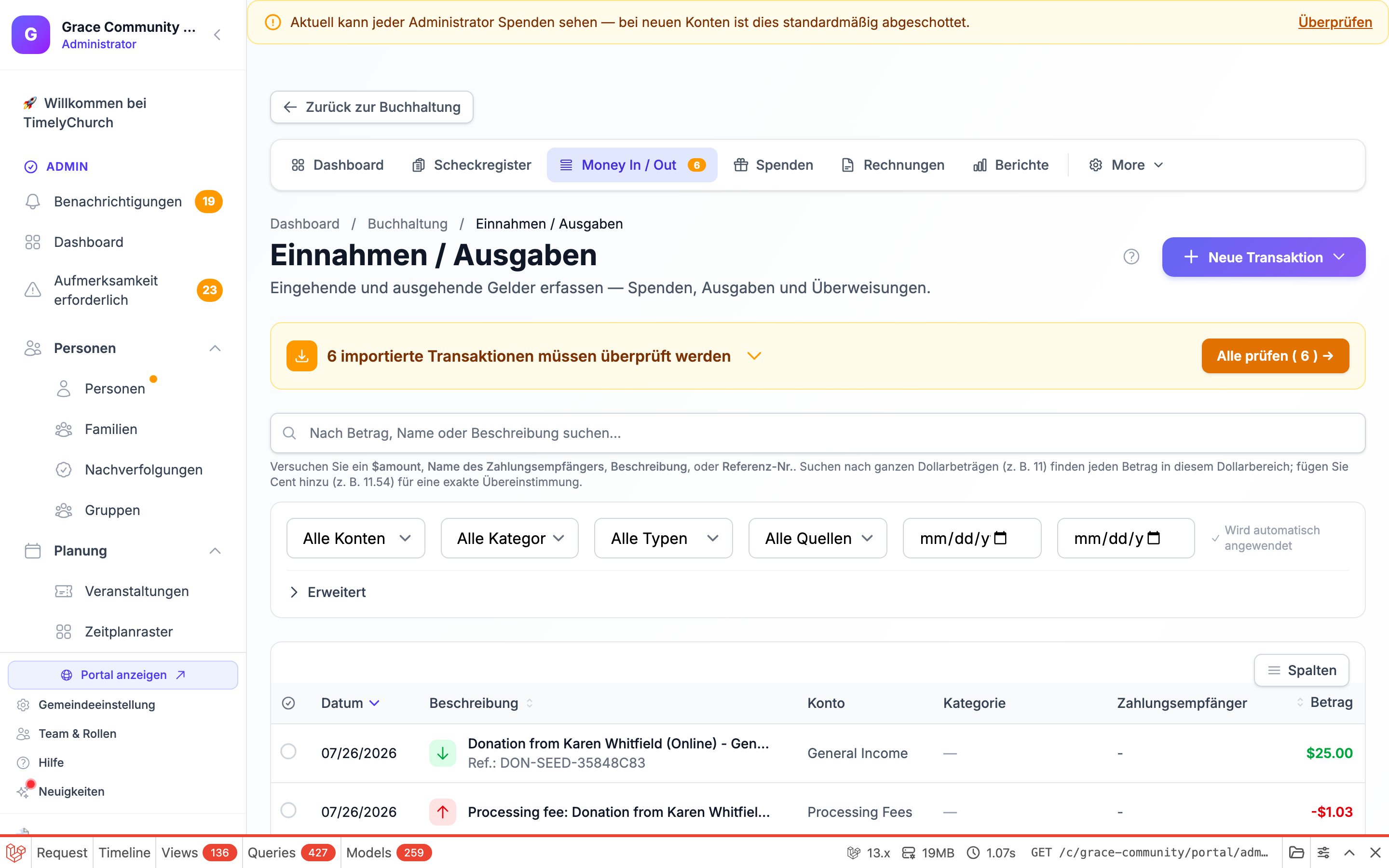 Das Modal „Transaktion erfassen" mit aktiviertem Schalter „Transaktion aufteilen", zeigt Aufteilungszeilen (Kategorie / Betrag / Memo), den Link „+ Zeile hinzufügen" und den Indikator Verbleibend: $0,00. Geöffnet über Neue Transaktion > Neue Ausgabe, dann auf den Schalter „Transaktion aufteilen" klicken. Die Verbleibend-Anzeige beginnt mit einem Nicht-Null-Wert (rot), bis Beträge eingegeben werden; das aktivierte Aufteilungspanel ist das, was die Aufnahme zeigt.