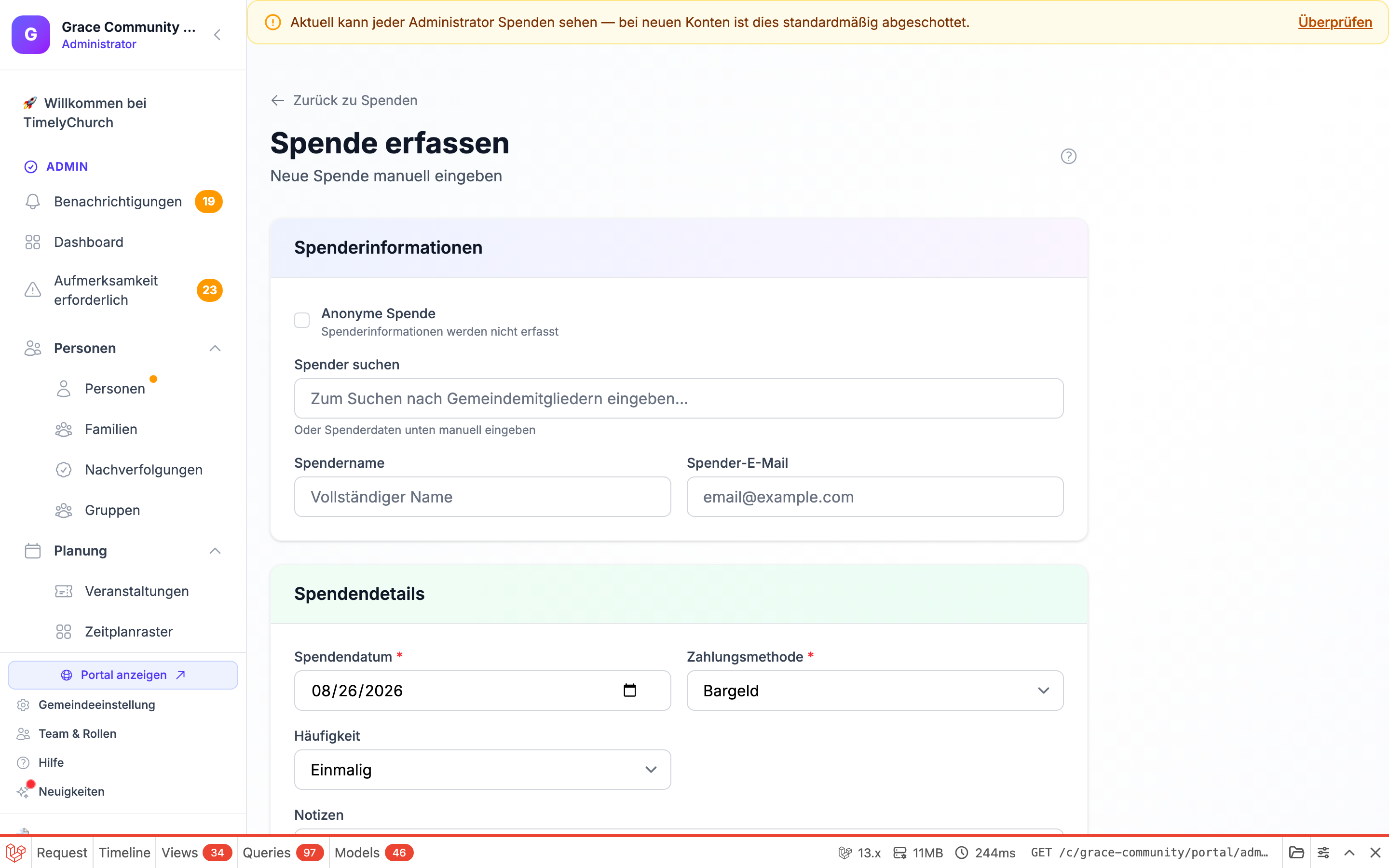 Der Abschnitt „Bearbeitungsgebühr hinzufügen" im erweiterten Zustand auf dem Formular „Spende erfassen" (Spenden > Spende hinzufügen) zeigt Bruttobetrag, Bearbeitungsgebühr und Nettobetrag. Geöffnet durch Klicken auf die einklappbare Schaltfläche „Bearbeitungsgebühr hinzufügen" auf der Seite zum Erstellen einer Spende.