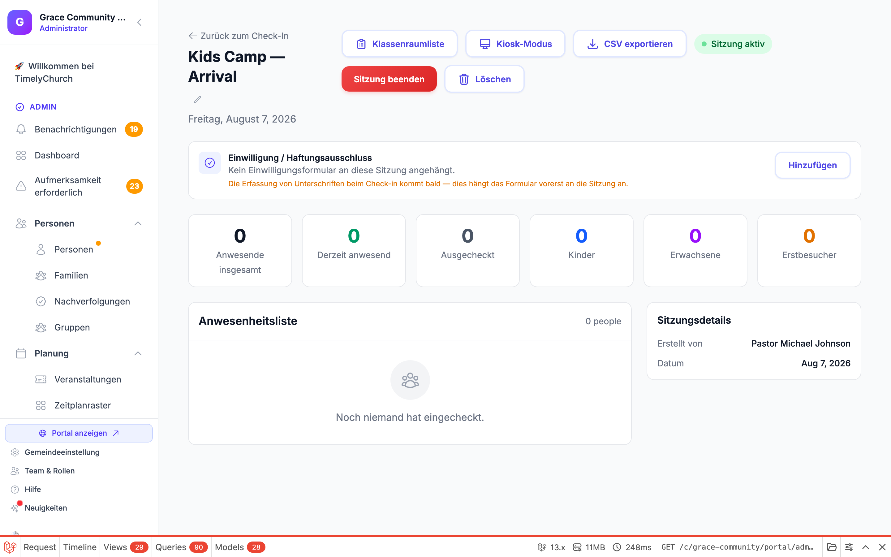 Check-in-Zeitverlauf in einem Sitzungsdetailbericht, der die stündliche Check-in-Verteilung als kleines horizontales Balkendiagramm in der Seitenleiste zeigt. Die Sitzungsseite stellt die Karte „Check-in-Zeitverlauf" nur dar, wenn Zeitverlaufsdaten vorhanden sind (Check-ins nach Stunde gruppiert). Das Erreichen erfordert eine vorhandene Sitzung mit Check-ins; vom Check-in-Station-Index aus verlinkt das Banner der aktiven Sitzungen durch Klicken auf den Sitzungsnamen zu einer Sitzungsdetailseite. Datenabhängig: Die Demo-Gemeinde hat möglicherweise keine aktive Sitzung mit mehrstündigen Check-ins.