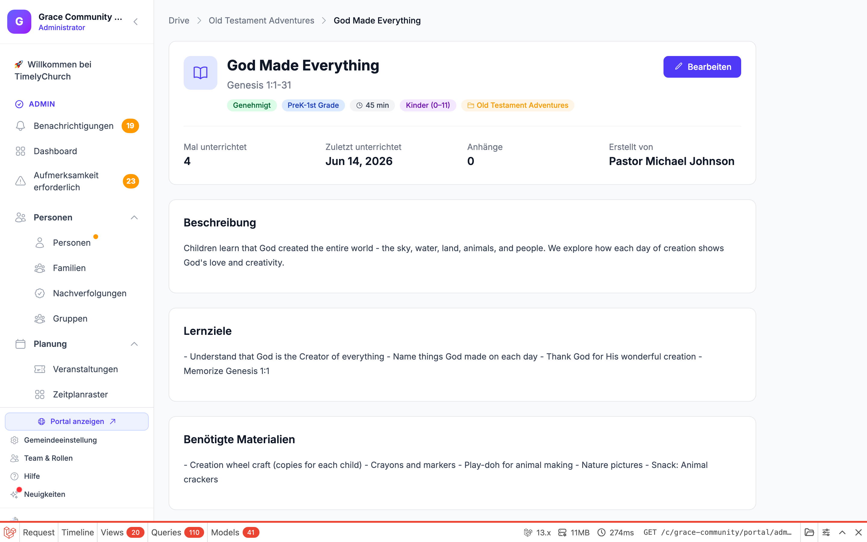 KI-Assistent-Feld unterhalb der Diskussionsfragen-Textarea mit dem Prompt-Eingabefeld und einem violetten Generieren-Button. Erreichbar auf der Lektionsdetailseite im Bearbeitungsmodus: Lektion 61 (God Made Everything) öffnen, in den Bearbeitungsmodus wechseln, den ausklappbaren Abschnitt „Elterninhalte" erweitern – das violett umrandete KI-Assistent-Feld befindet sich direkt unterhalb der Diskussionsfragen-Textarea. Die Demo-Gemeinde grace-community (id 11) hat die KI-Funktion „Inhaltserstellung" aktiviert, sodass das Feld angezeigt wird.