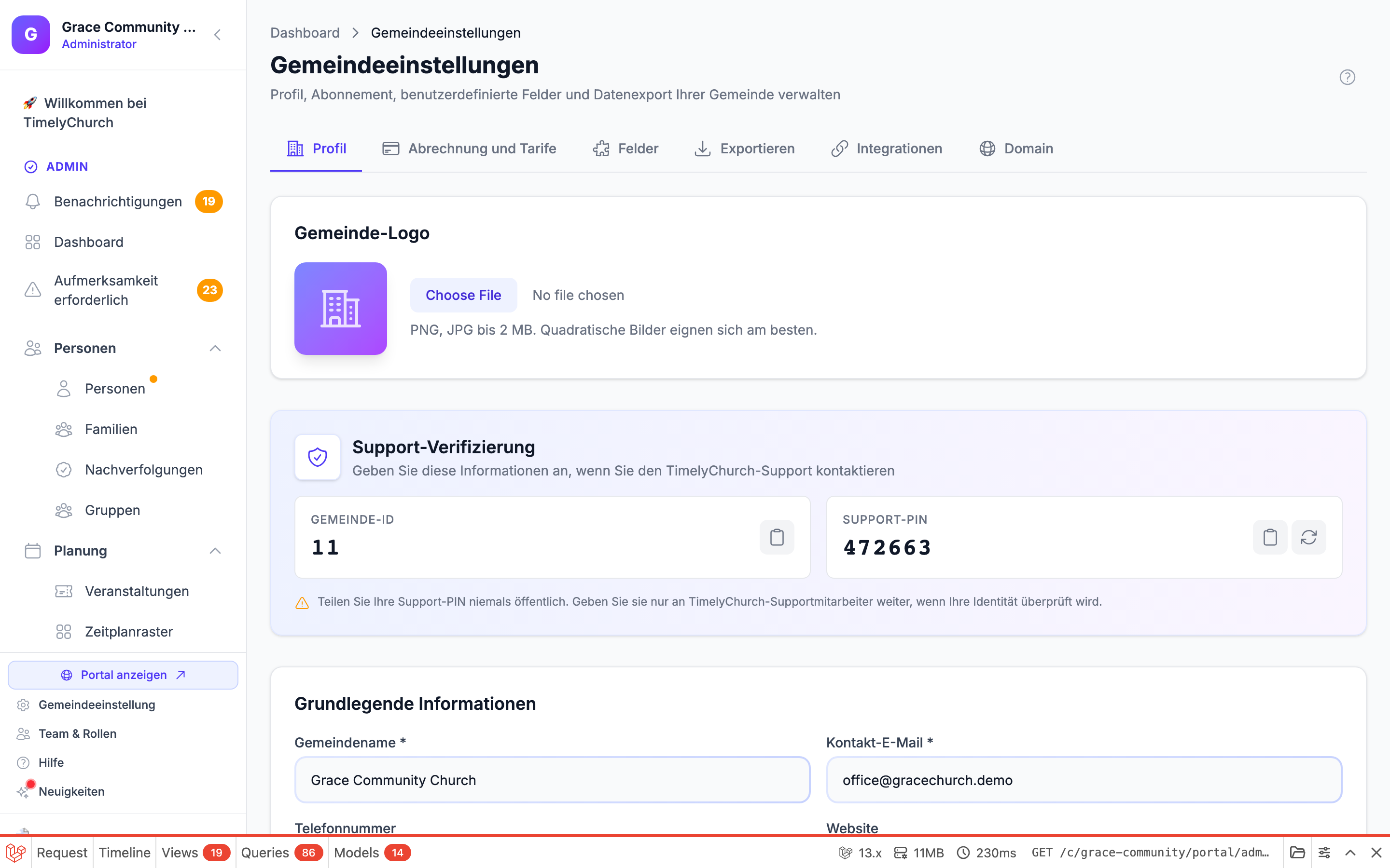 Abschnitt „Gemeindelogo" mit dem aktuellen Logo, der Dateiauswahl und der Entfernen-Schaltfläche