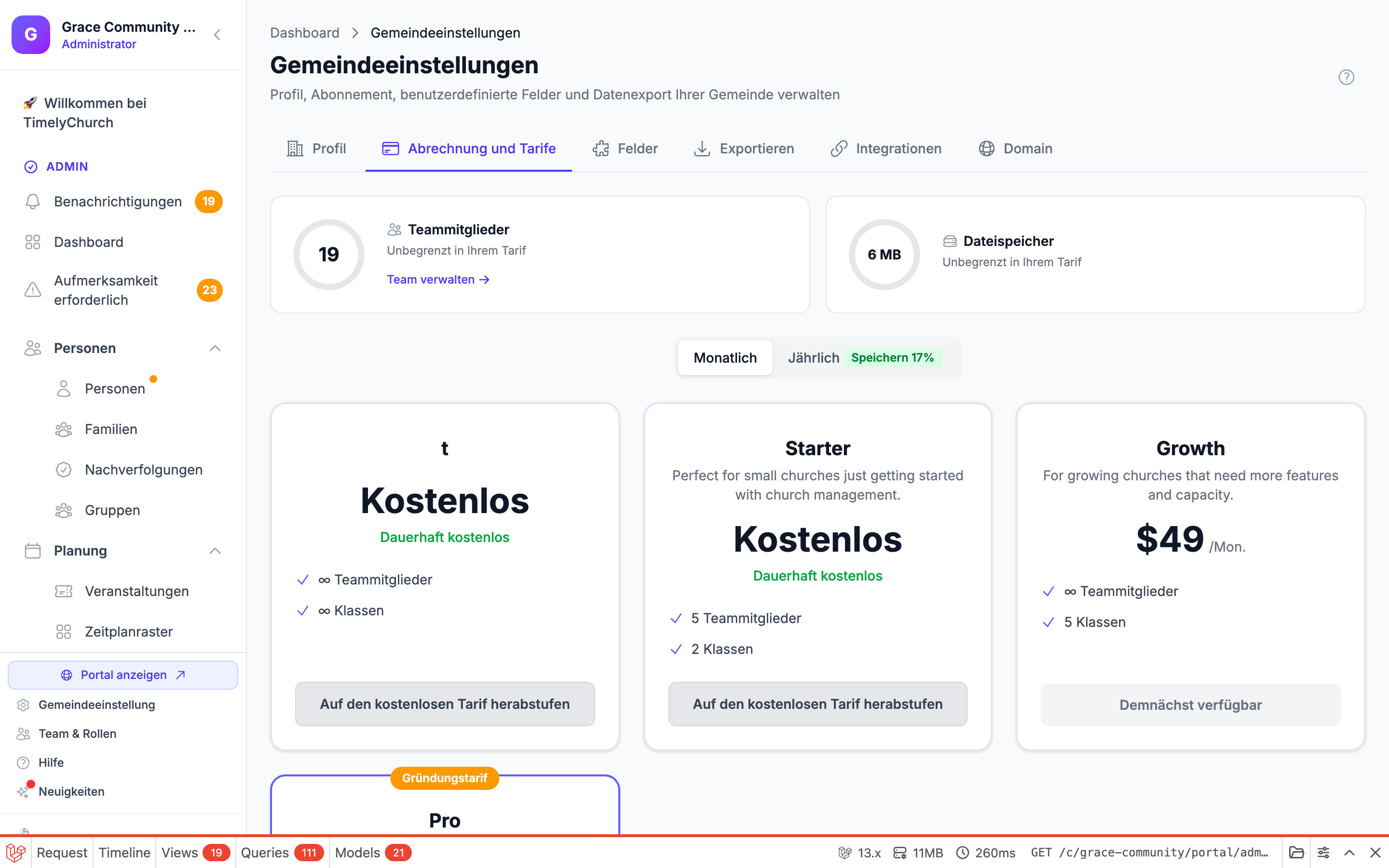 Registerkarte „Abrechnung und Tarife" mit aktuellem Tarif, Nutzungsringen, verfügbaren Tarifen und Preisen