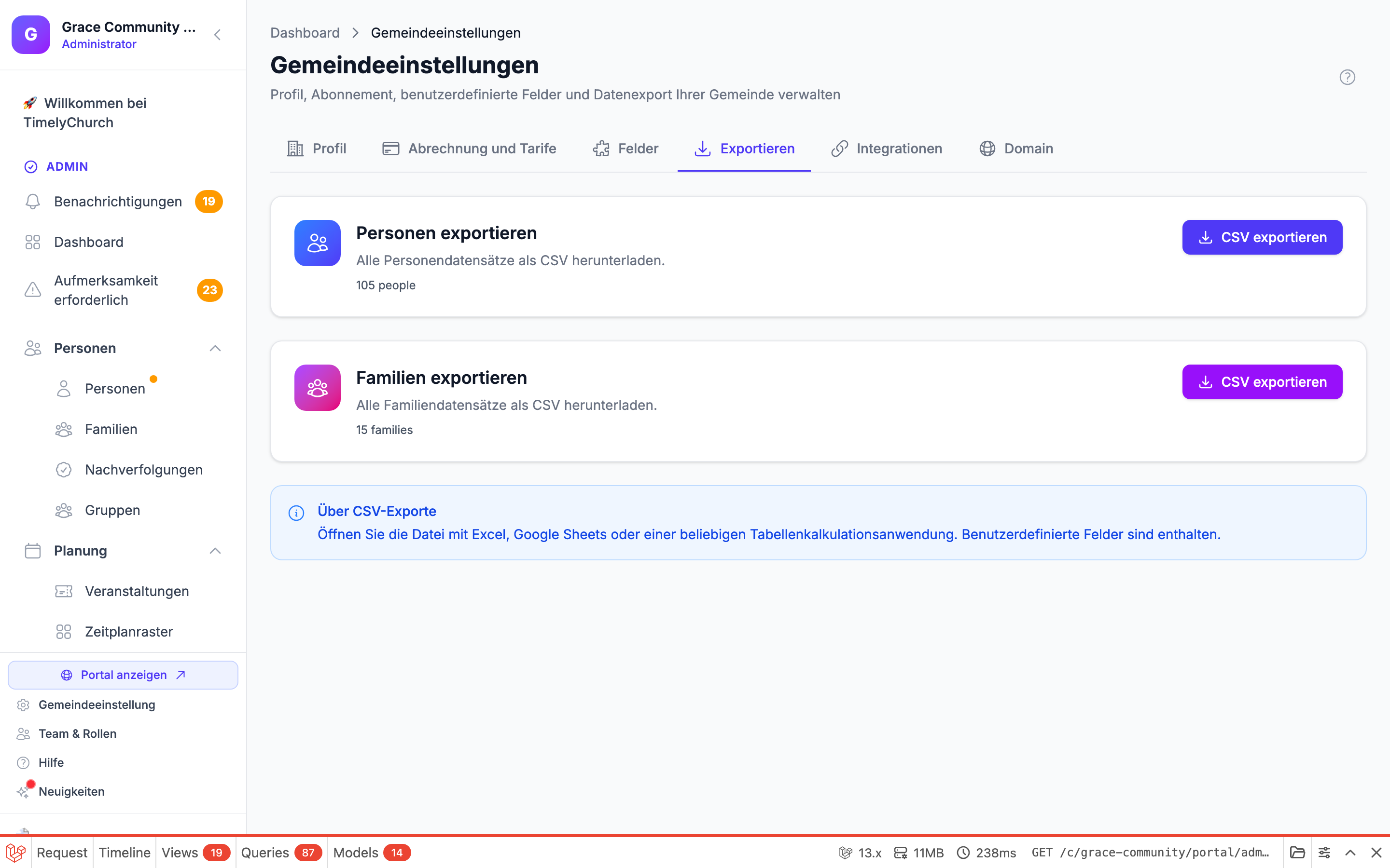 Registerkarte „Exportieren" mit den Karten „Personen exportieren" und „Familien exportieren" mit Datensatzzahlen und CSV-Exportschaltflächen