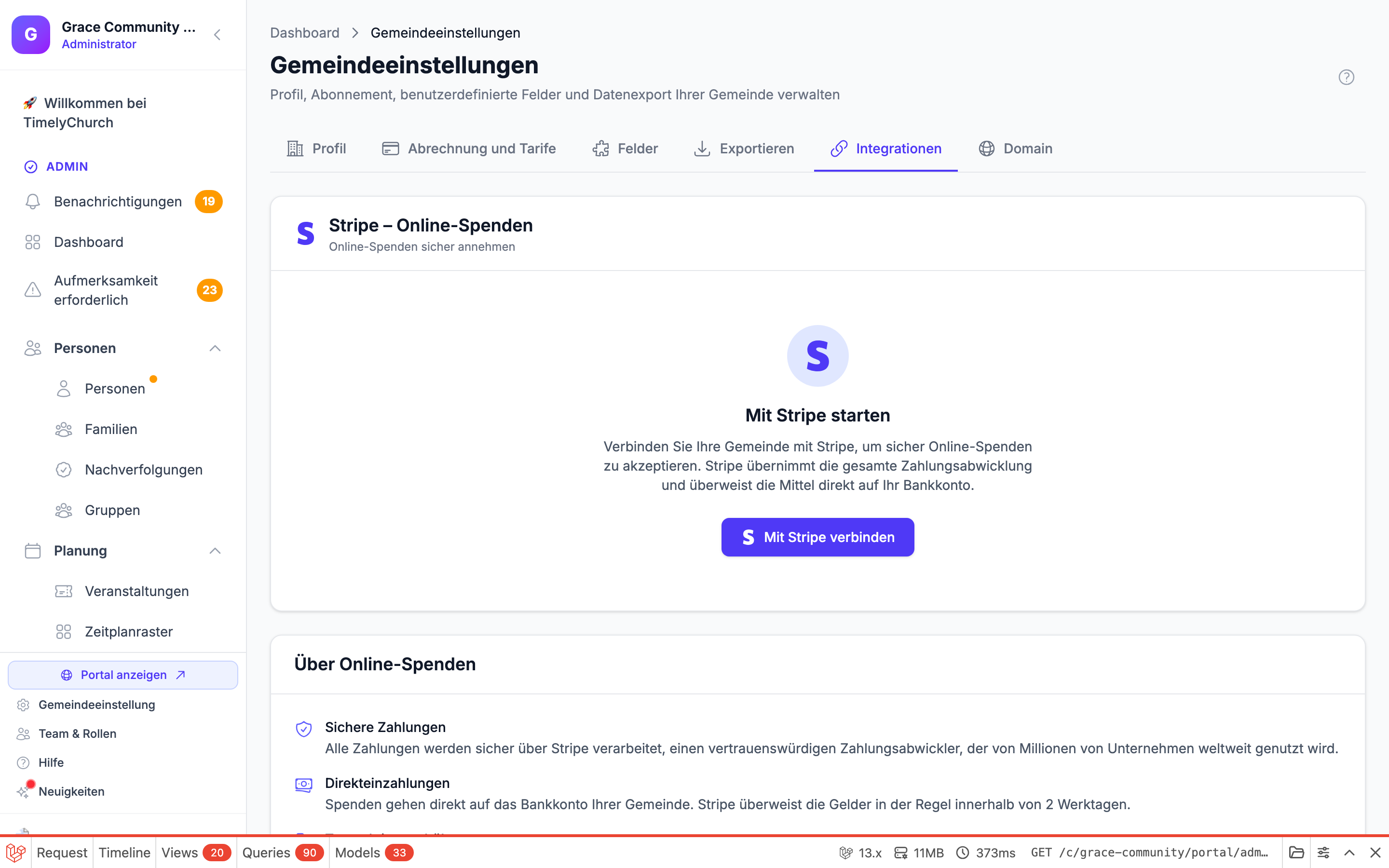 Registerkarte „Integrationen" mit der Karte „Telegram – Bot & Broadcasts"