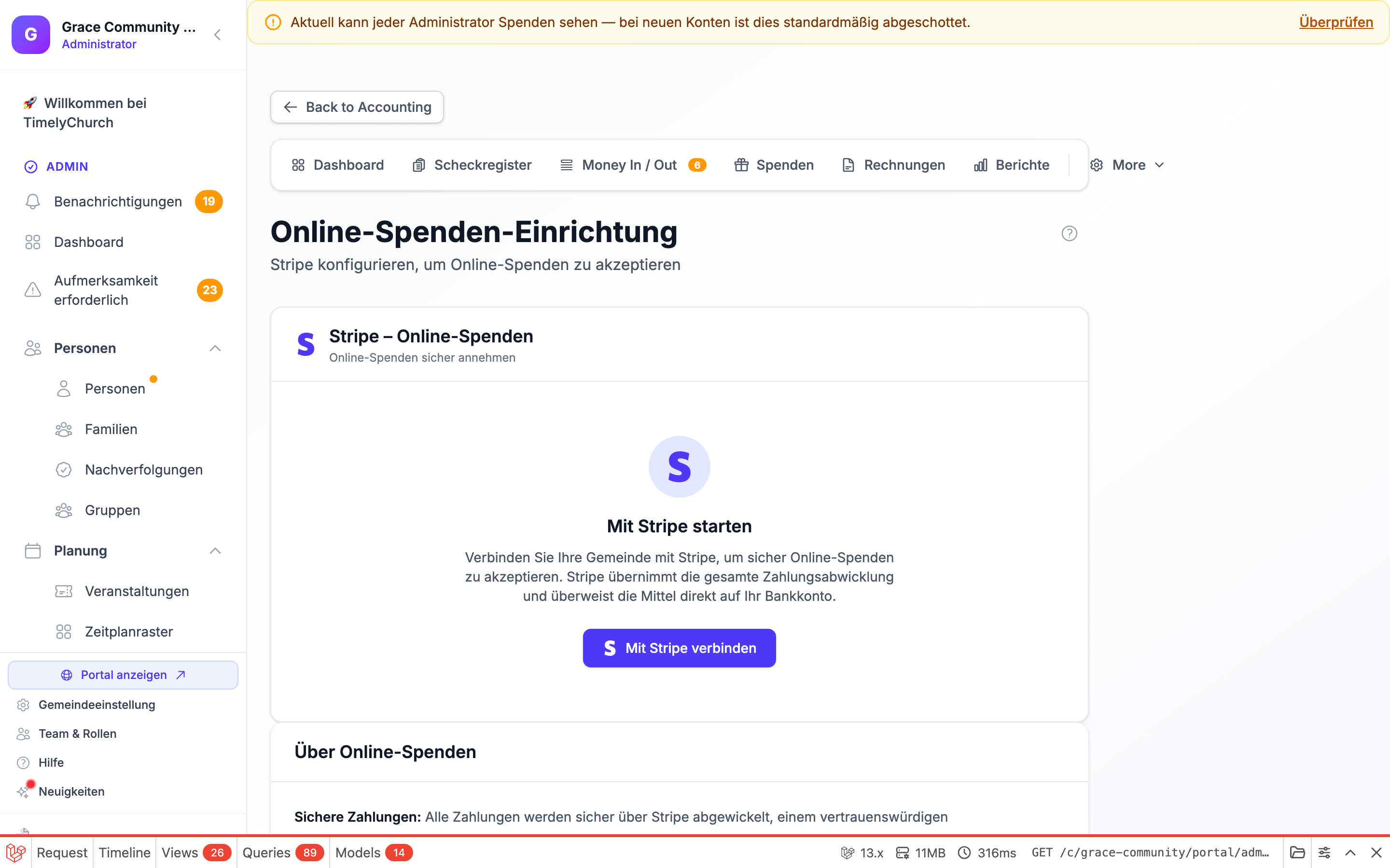 Die Seite für die Online-Spenden-Einrichtung mit dem Panel „Mit Stripe starten" und der Schaltfläche „Mit Stripe verbinden"
