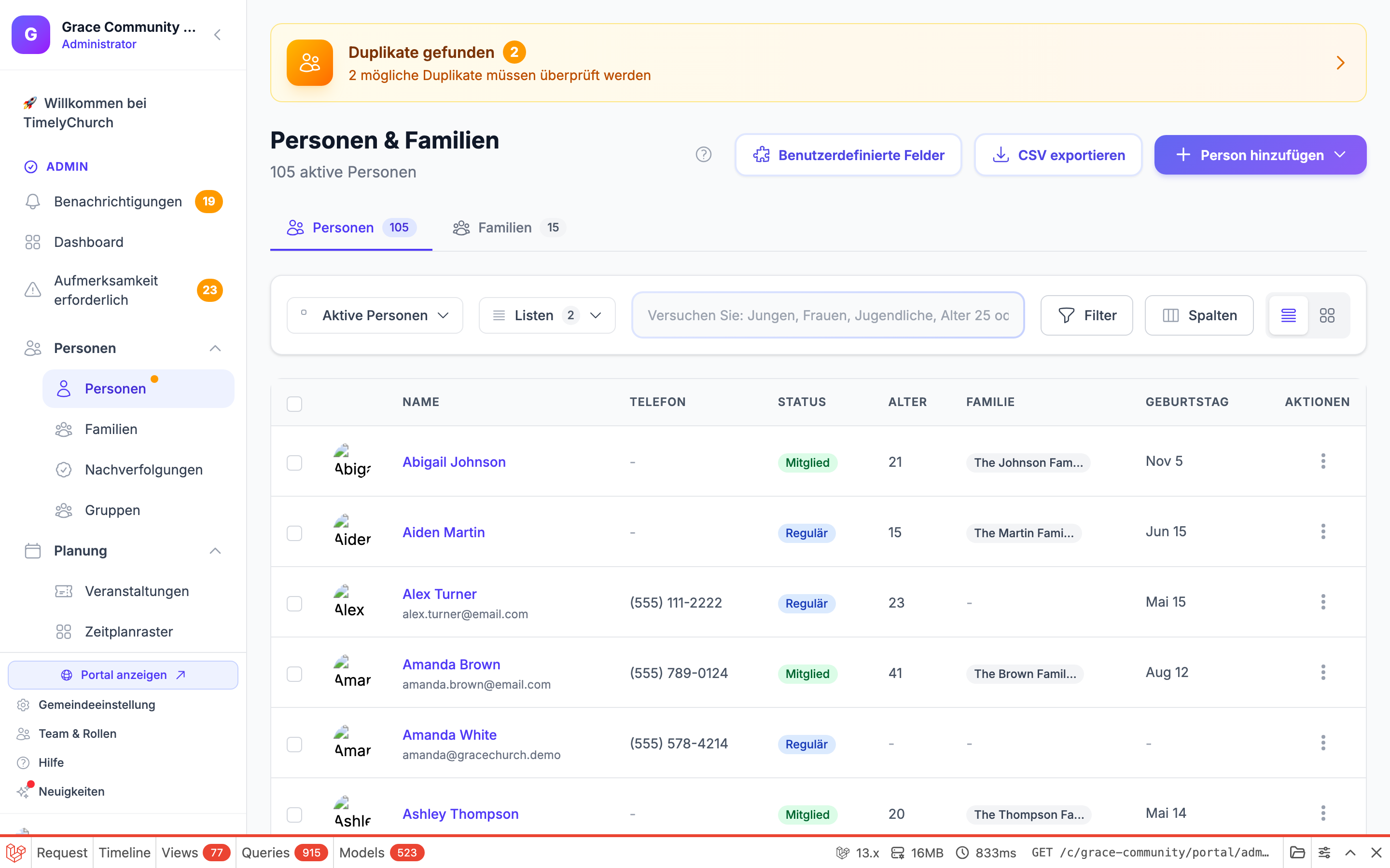 Personenverzeichnis-Listenansicht mit den Tabs Personen/Familien und dem Ansichten-Dropdown mit Anzahlen