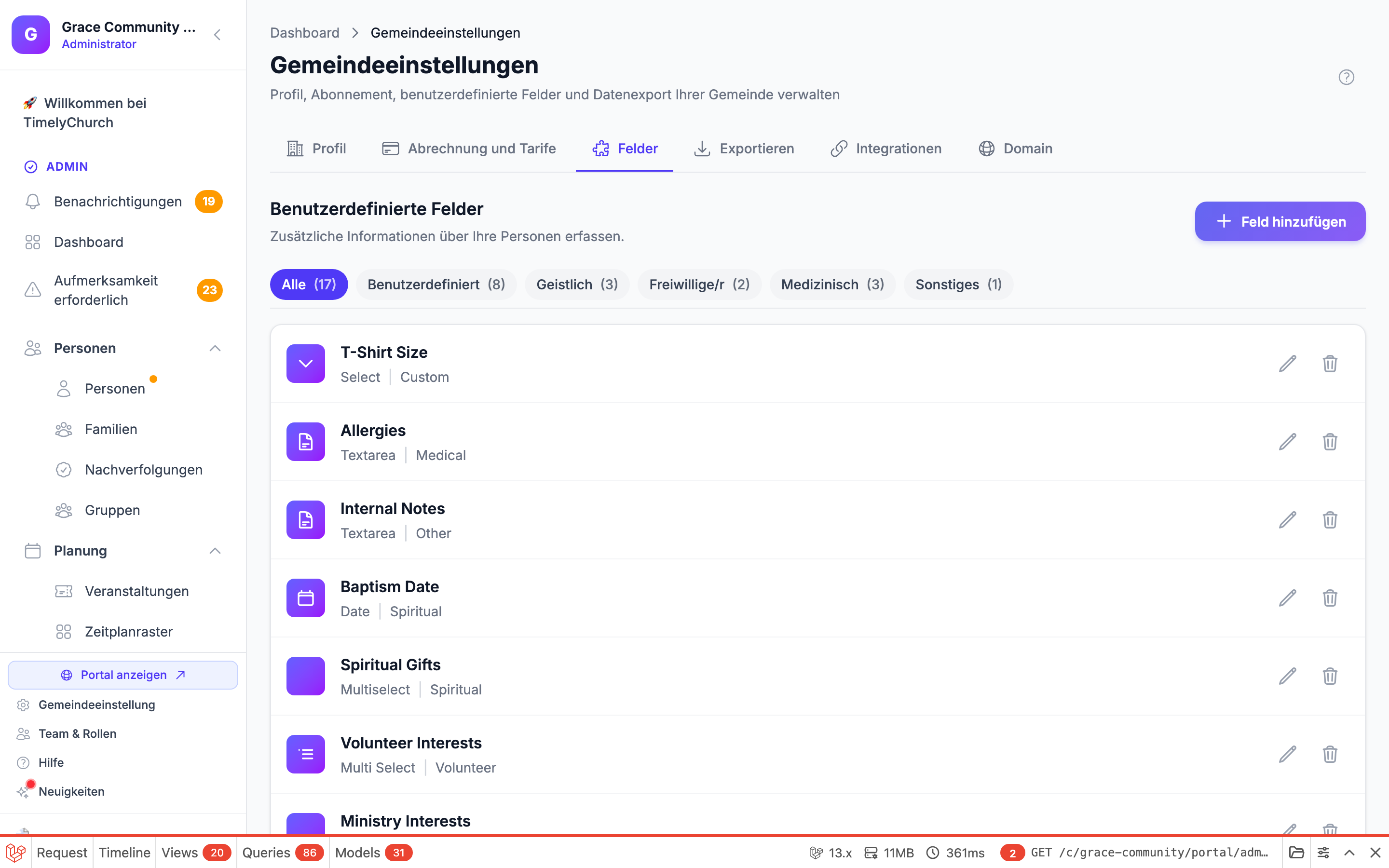 Formular „Benutzerdefiniertes Feld hinzufügen" mit Name, Typ-Dropdown, Tab-Auswahl und Sichtbarkeitsschaltern