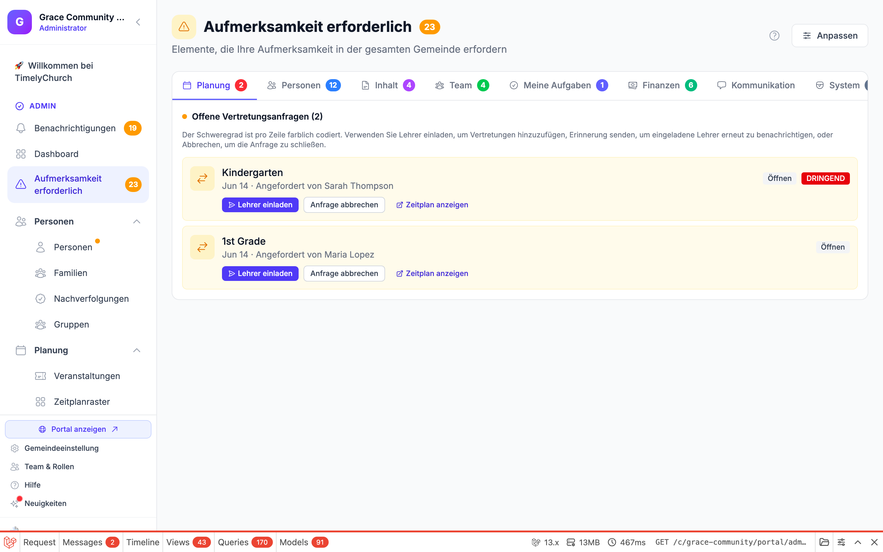 Nachverfolgungen-Dashboard mit Aufgabenkarten mit Statusabzeichen, Fälligkeitsdaten und Zugewiesenen