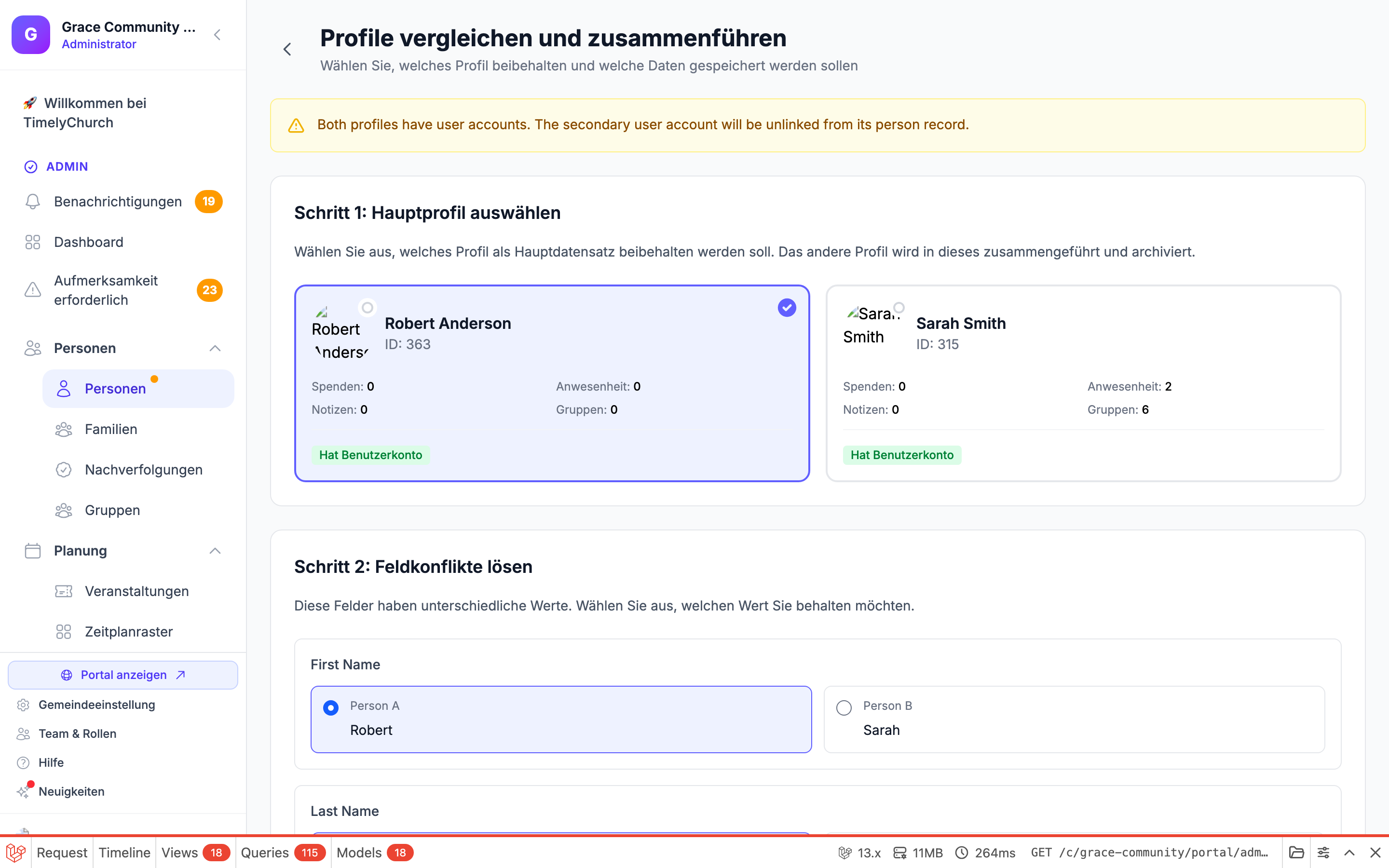 Zusammenführungsvergleichsseite mit feldweisen Entscheidungen zwischen primärem und sekundärem Datensatz