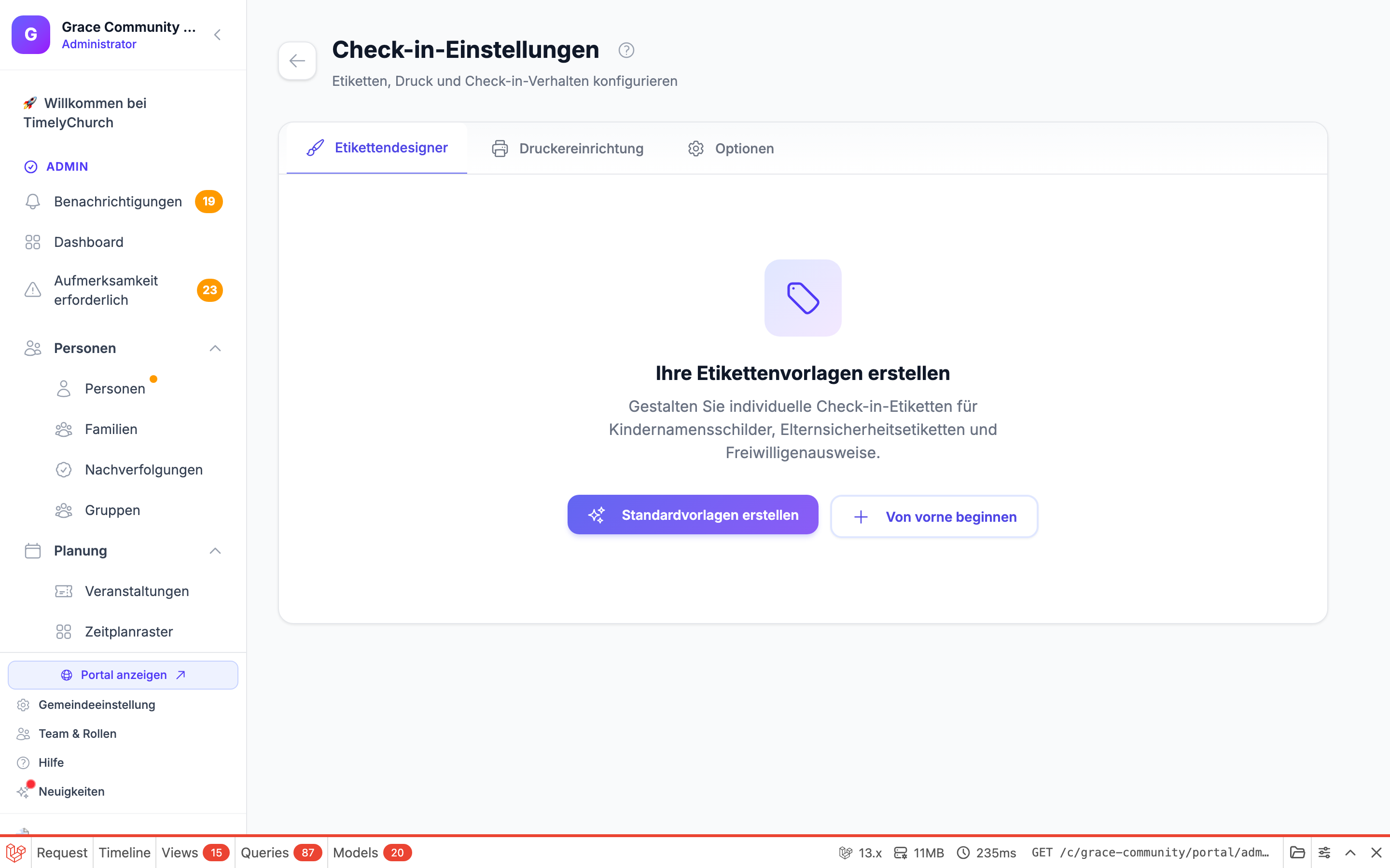 Die Schalter unter „Druckoptionen" und die Schaltfläche „Druckereinstellungen speichern" auf der Registerkarte Druckereinrichtung.