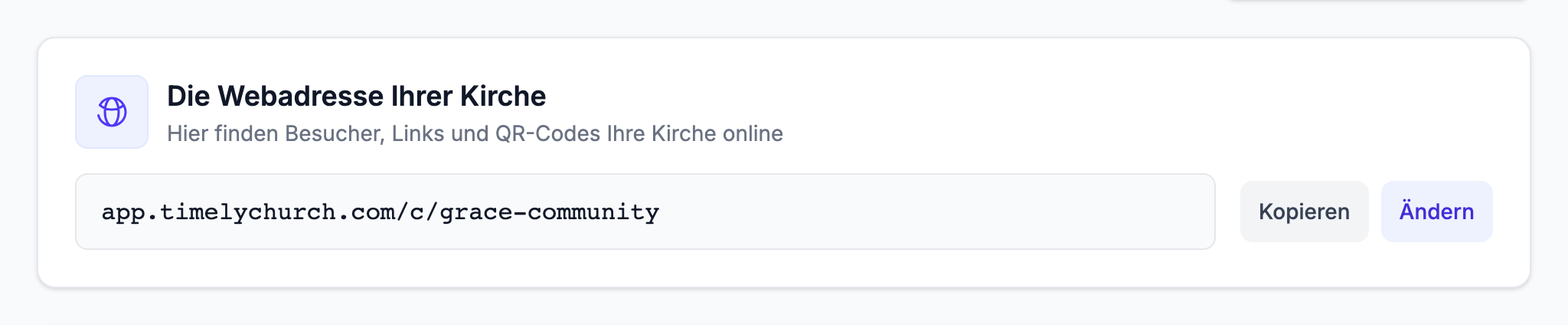 Die Karte „Die Webadresse Ihrer Kirche" im Reiter Profil der Einstellungen, mit der vollständigen Adresse und den Schaltflächen Kopieren und Ändern