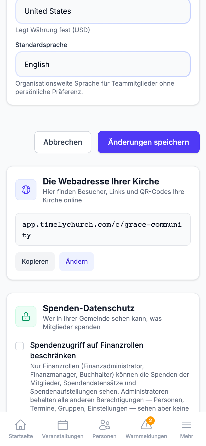 Dieselbe Karte auf dem Handy, mit der Adresse und den Schaltflächen Kopieren und Ändern untereinander