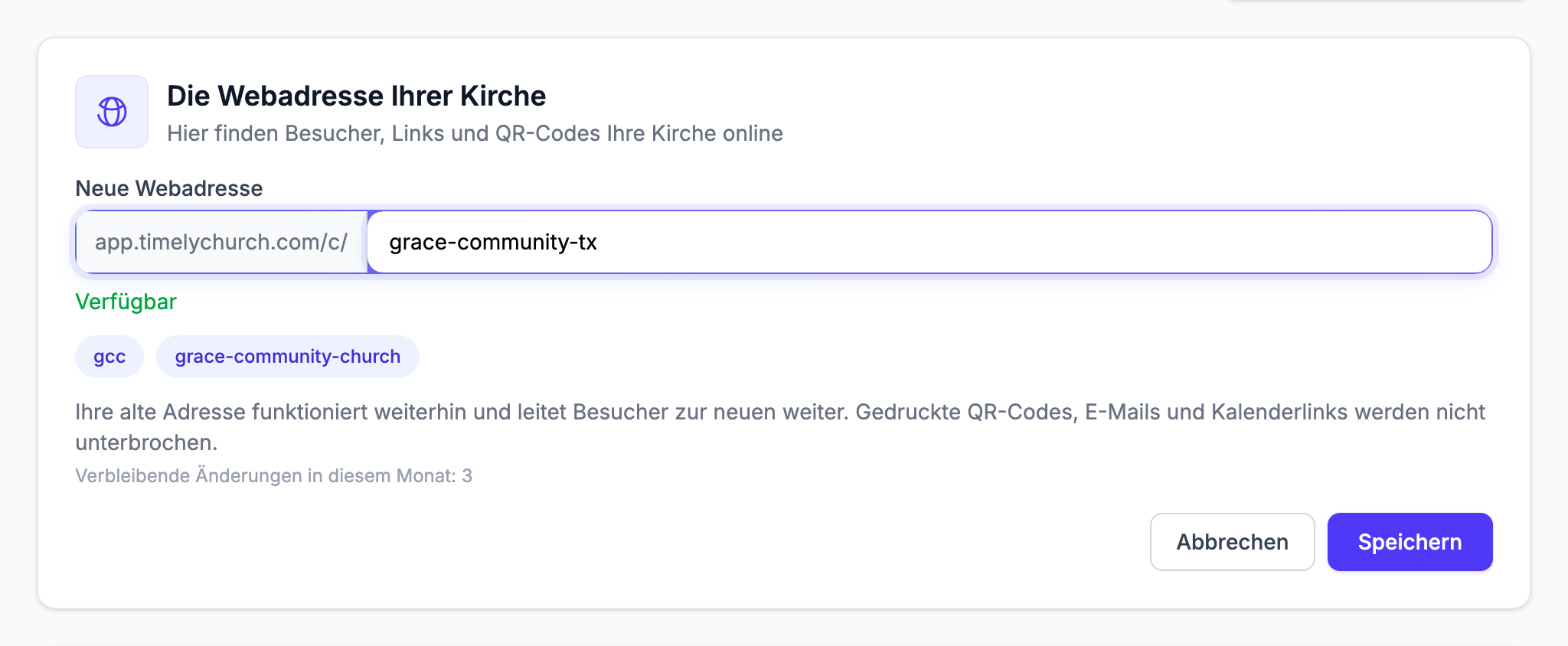 Das geöffnete Änderungsformular mit einer neuen Adresse, darunter „Verfügbar" in Grün, den Vorschlägen und dem Versprechen-Satz
