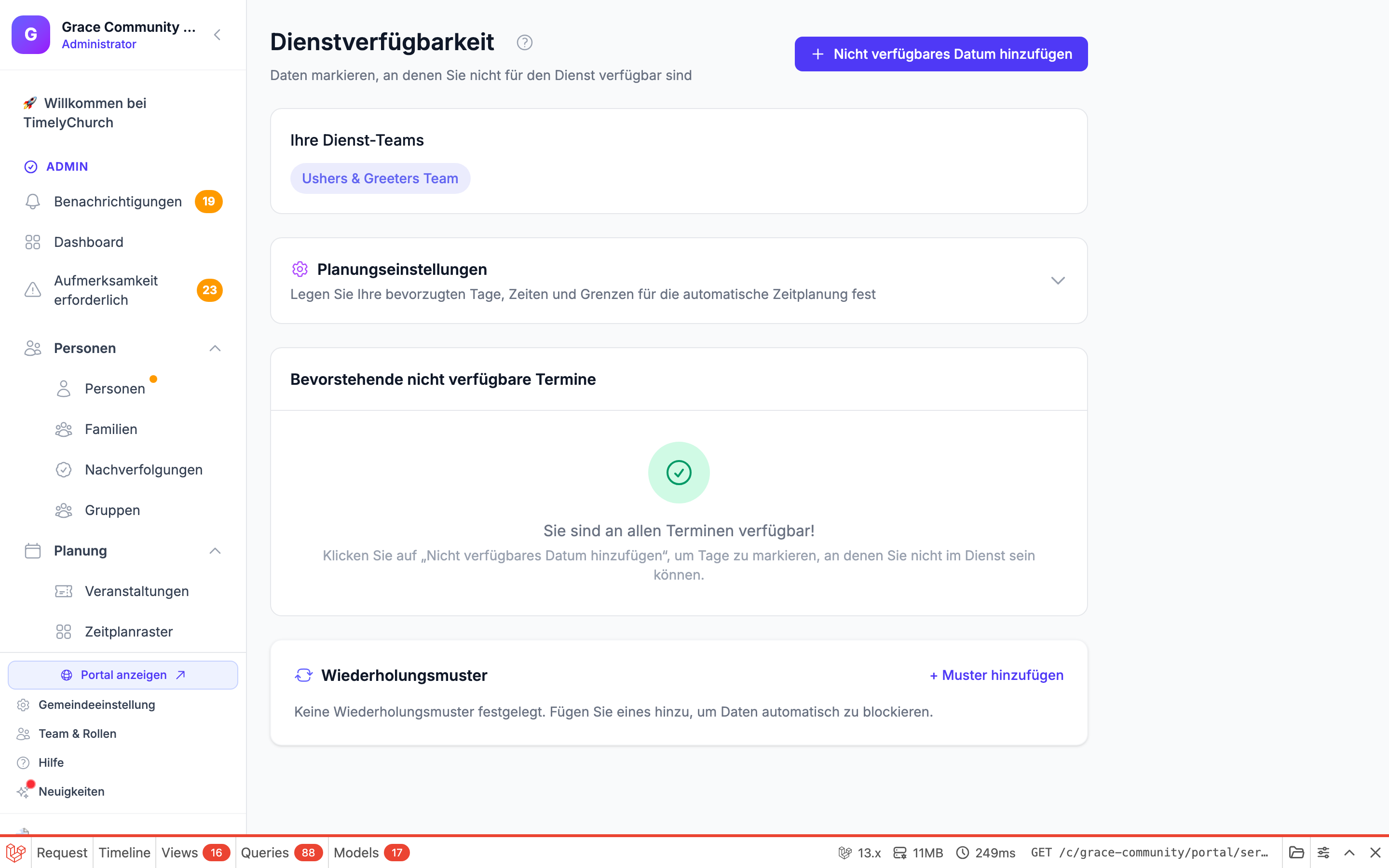 Das erweiterte Formular „Planungseinstellungen" mit bevorzugten Tagen, zu vermeidenden Tagen, bevorzugten Uhrzeiten, max. Einsätzen pro Monat, Mindestabstand und den Auto-Planungs-Kontrollkästchen.