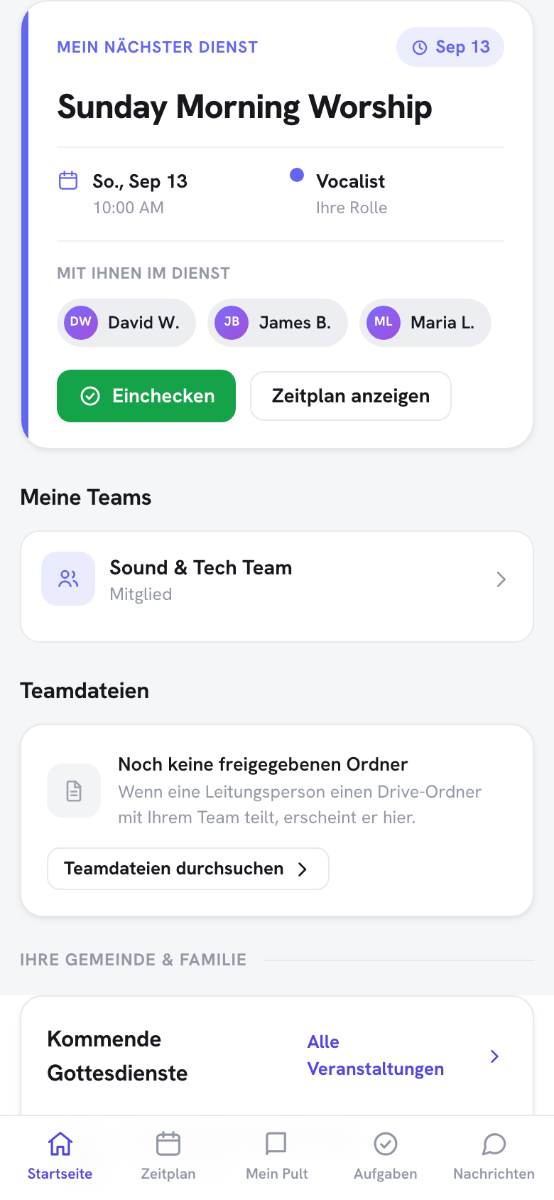 Die Karte „Mein nächster Dienst" im Portal-Dashboard auf einem Smartphone, mit den anderen Freiwilligen dieser Veranstaltung als kompakte Namens-Chips unter der Zuweisung.