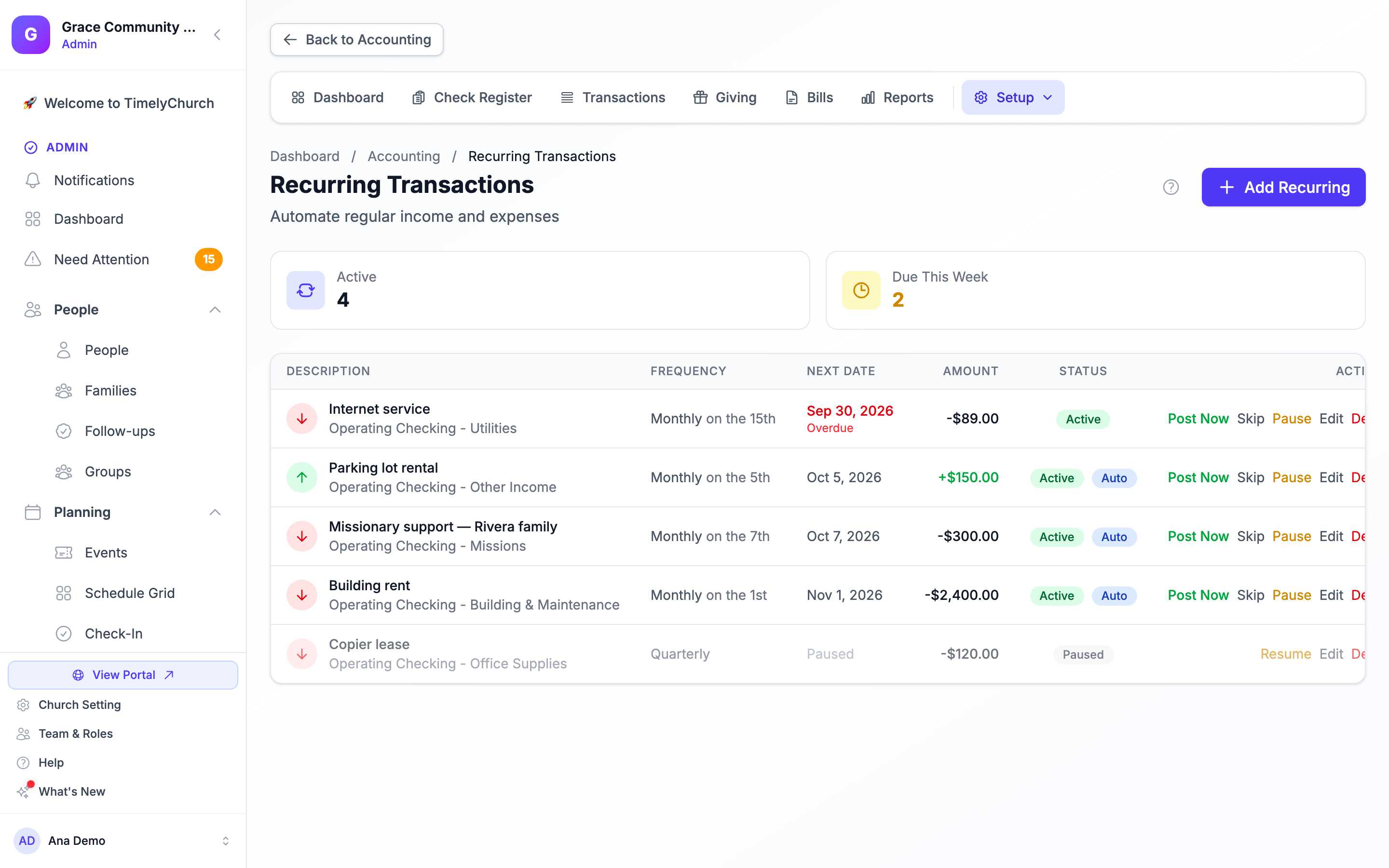 The Recurring Transactions page with the Active and Due This Week cards and a list of recurring transactions showing Description, Frequency, Next Date, Amount, Status with the Auto badge, and the Post Now, Skip, Pause, Edit and Delete actions