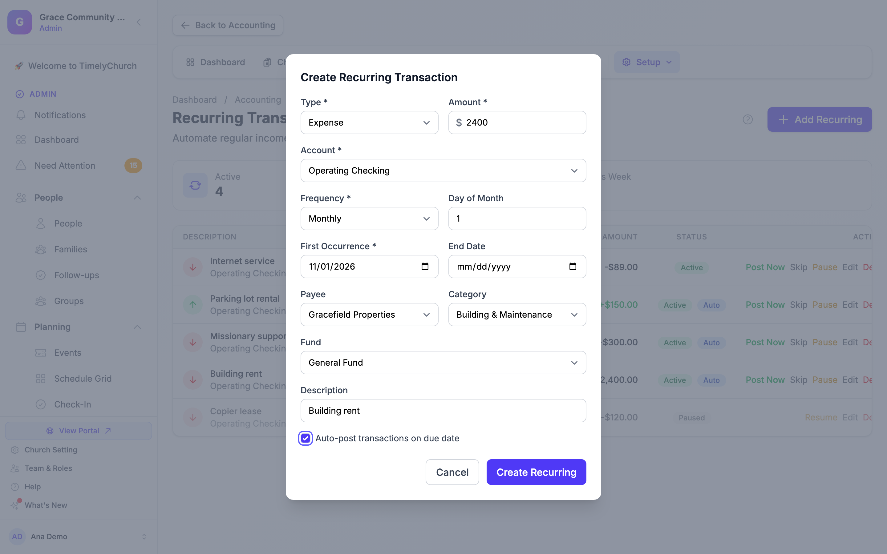 The Create Recurring Transaction window with Type, Amount, Account, Frequency, Day of Month, First Occurrence, End Date, Payee, Category, Fund, Description and the "Auto-post transactions on due date" checkbox