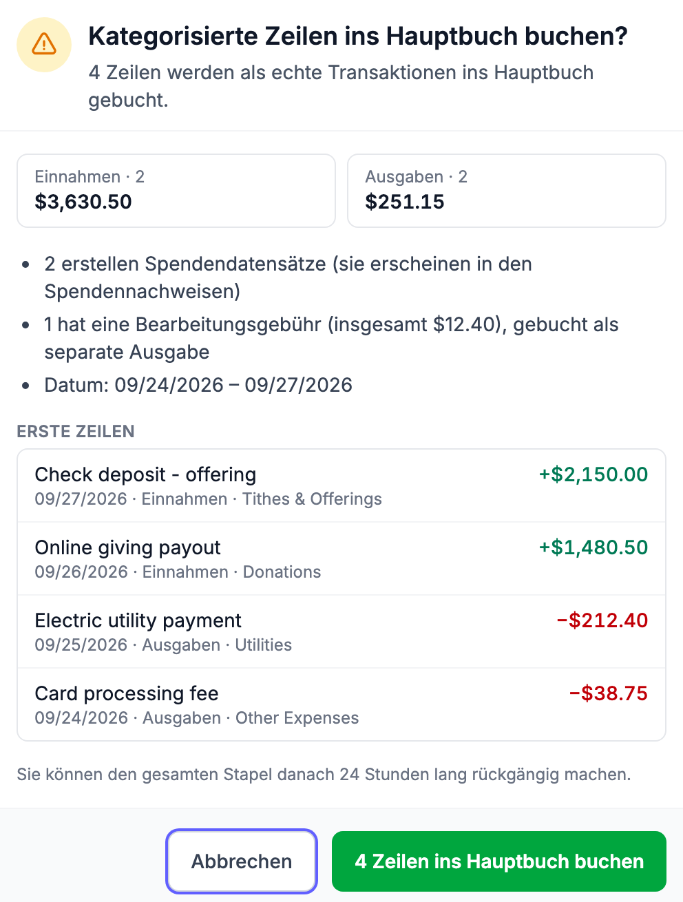 das Bestätigungsfenster „Kategorisierte Zeilen ins Hauptbuch buchen?" mit Summen nach Typ, den Zeilen zu Spenden / Gebühren / Daten, der Liste „Erste Zeilen", dem gelben Feld „Zeilen bleiben in der Warteschlange" und den Schaltflächen Abbrechen / Ins Hauptbuch buchen