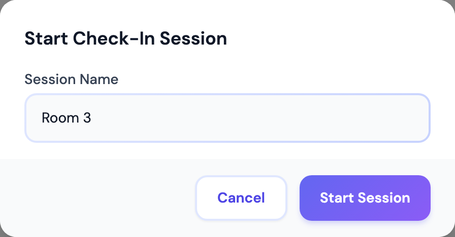 Fenster „Check-in-Sitzung starten" von der Check-in-Registerkarte der Veranstaltung, mit dem erforderlichen Sitzungsnamen, vorbelegt mit „Raum 2", und ohne Veranstaltungs-Dropdown