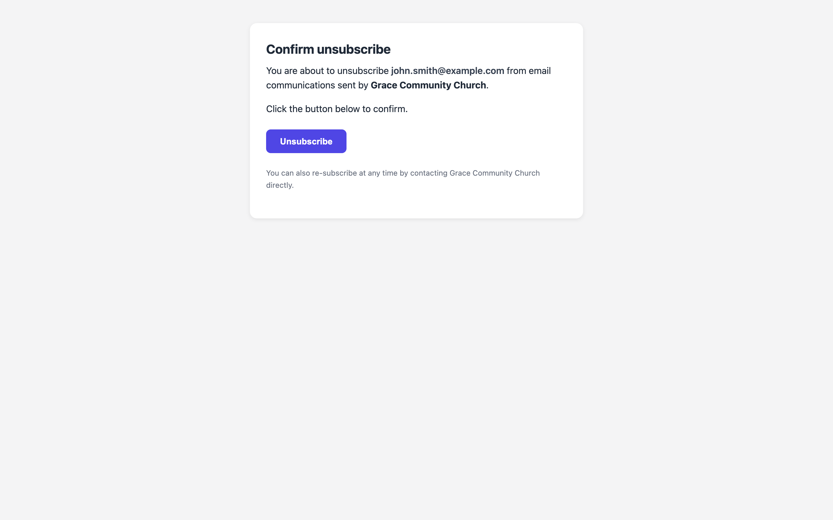 Die Abmeldebestätigungsseite, die ein Mitglied über den Link „Von dieser Liste abmelden" in einer E-Mail-Fußzeile erreicht — sie nennt die E-Mail-Adresse und die Gemeinde und bietet eine einzige Abmelden-Schaltfläche zur Bestätigung