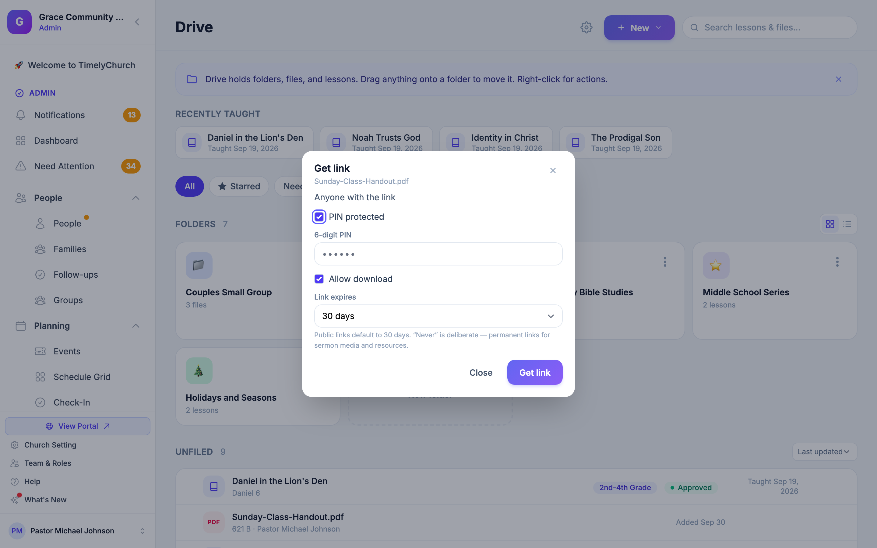 Das Fenster „Link abrufen“ in Drive mit PIN-geschützt, Download erlauben und Link läuft ab auf 30 Tage