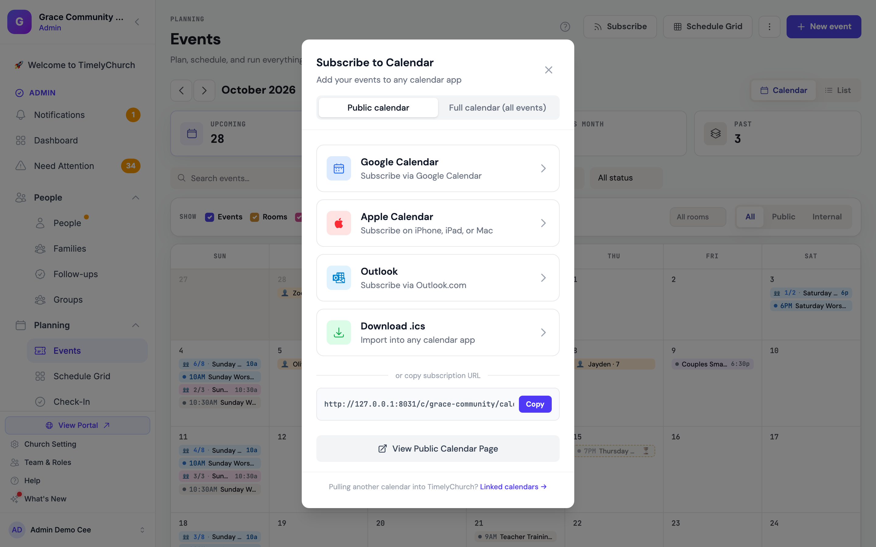 Das Fenster „Kalender abonnieren" auf der Veranstaltungsseite mit den Registerkarten Öffentlicher Kalender und Vollständiger Kalender (alle Termine) sowie den Optionen Google Calendar, Apple Calendar, Outlook und .ics herunterladen