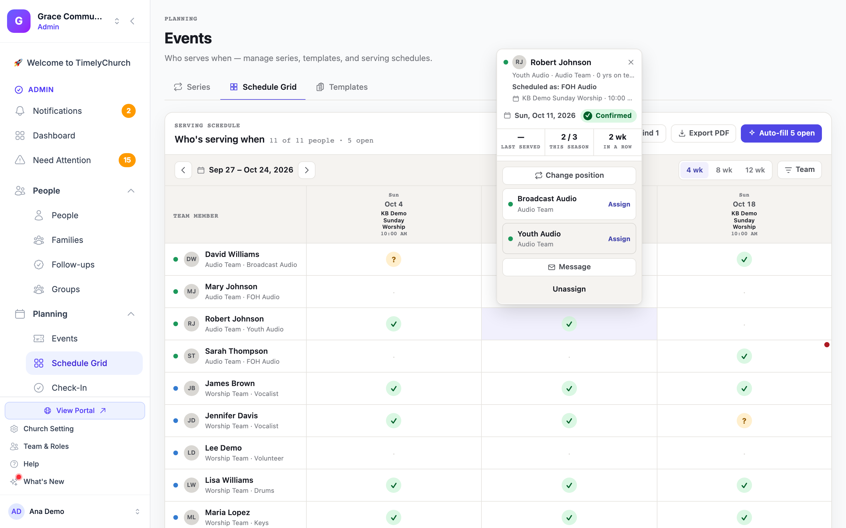 A Schedule Grid popover for a confirmed volunteer showing "Scheduled as: FOH Audio" and the Change position list open with another open position and its Assign button