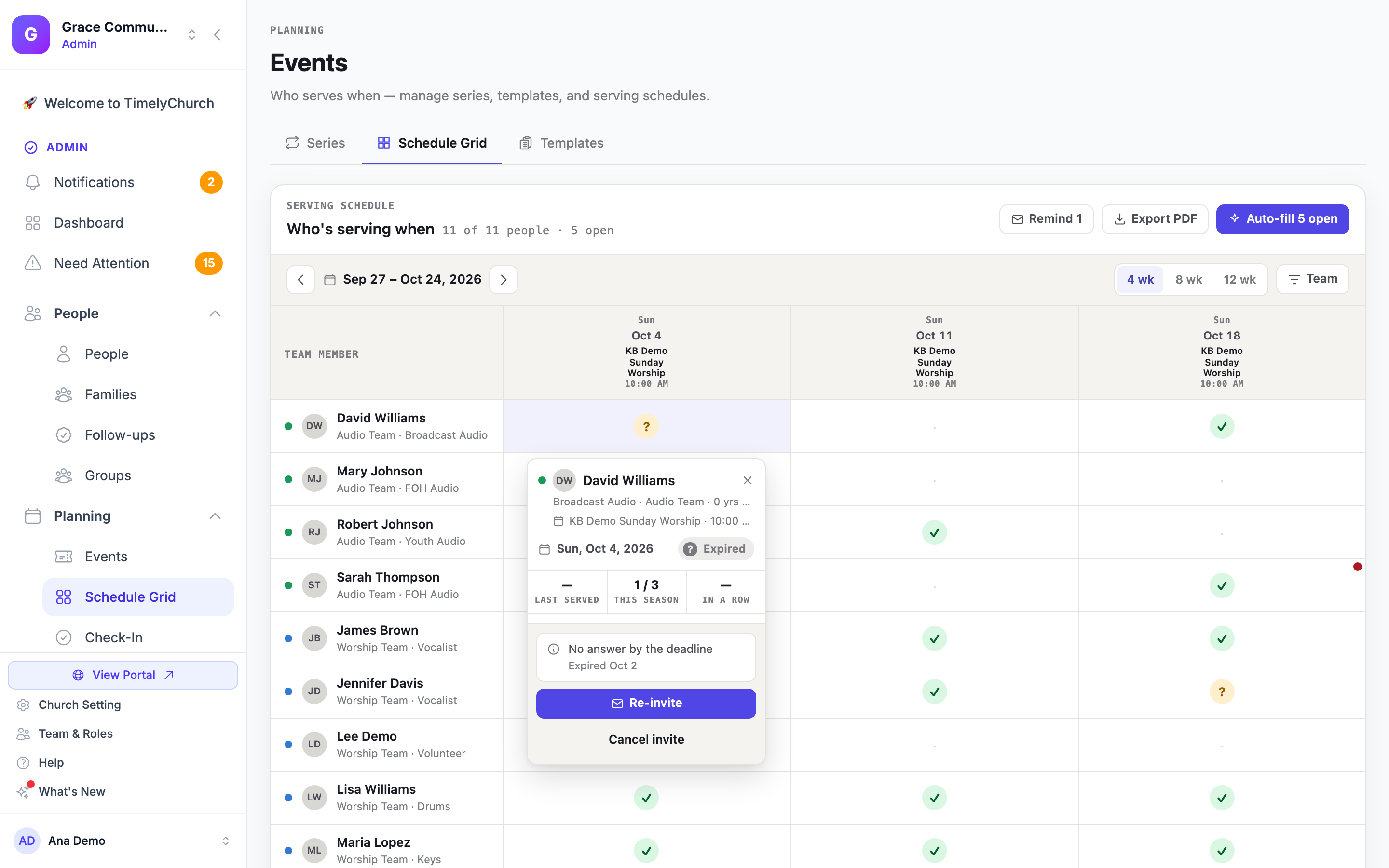 A Schedule Grid popover for an expired invite: the Expired status, "No answer by the deadline", the expiry date, and the Re-invite and Cancel invite buttons