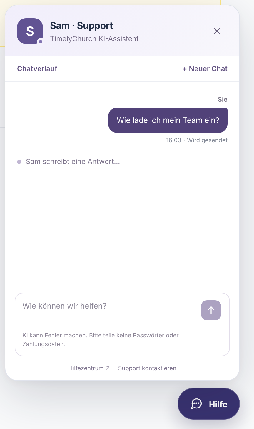 Eine Unterhaltung im Bereich von Sam mit der Frage des Nutzers und der Zeile „Sam schreibt eine Antwort…" darunter