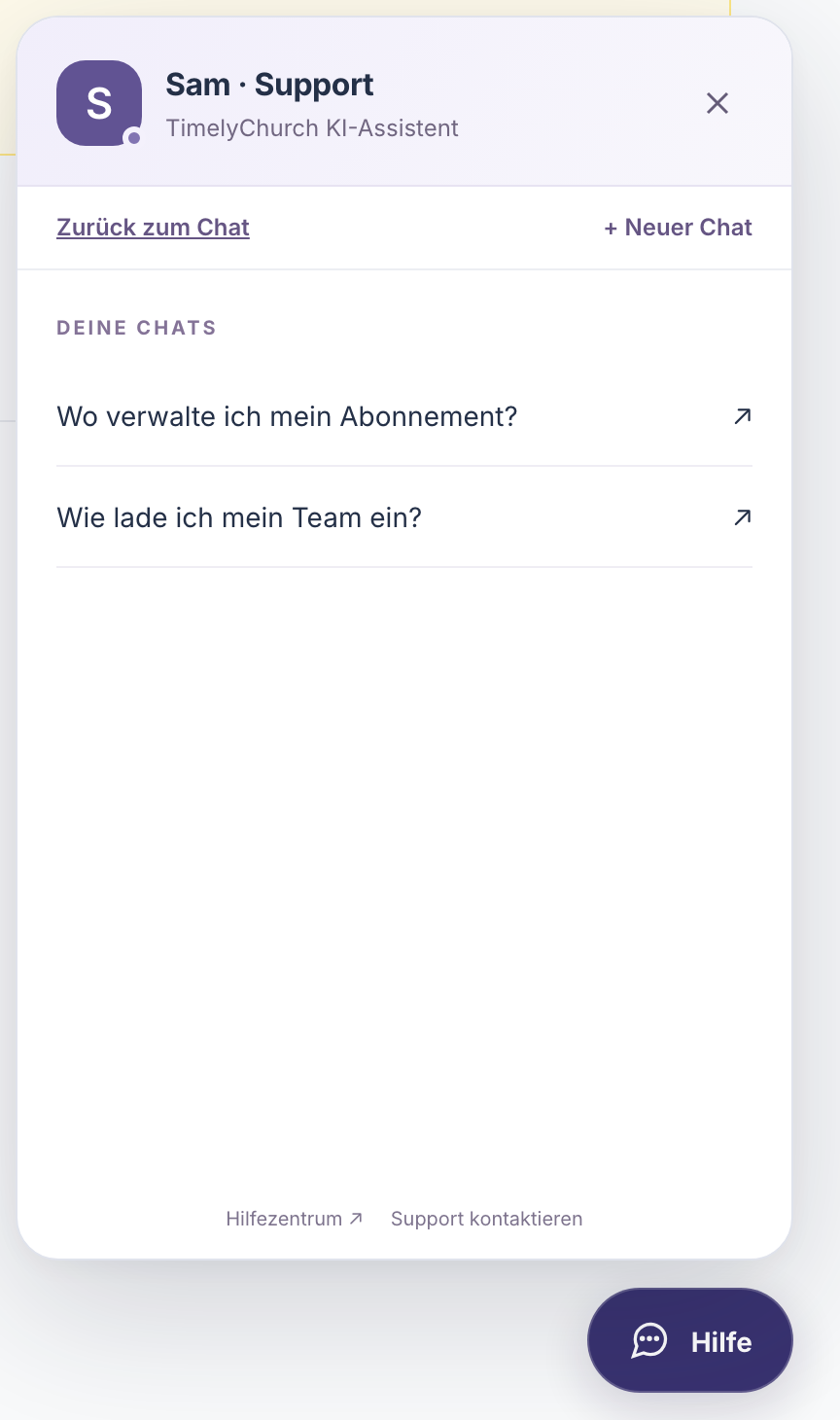 Der Bereich von Sam mit „Deine Chats", einigen aufgelisteten früheren Chats und den Schaltflächen „Zurück zum Chat" und „+ Neuer Chat"