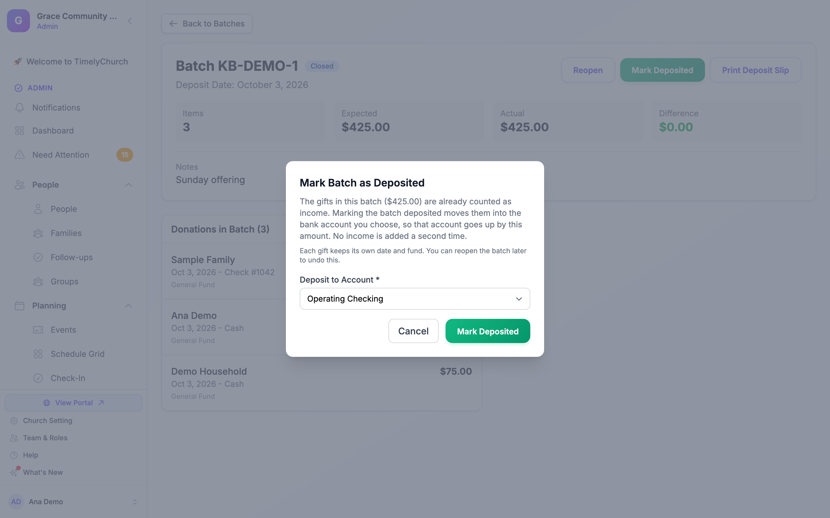 The Mark Batch as Deposited window explaining that the gifts are already counted as income and move into the chosen bank account, with the Deposit to Account dropdown and the Cancel and Mark Deposited buttons