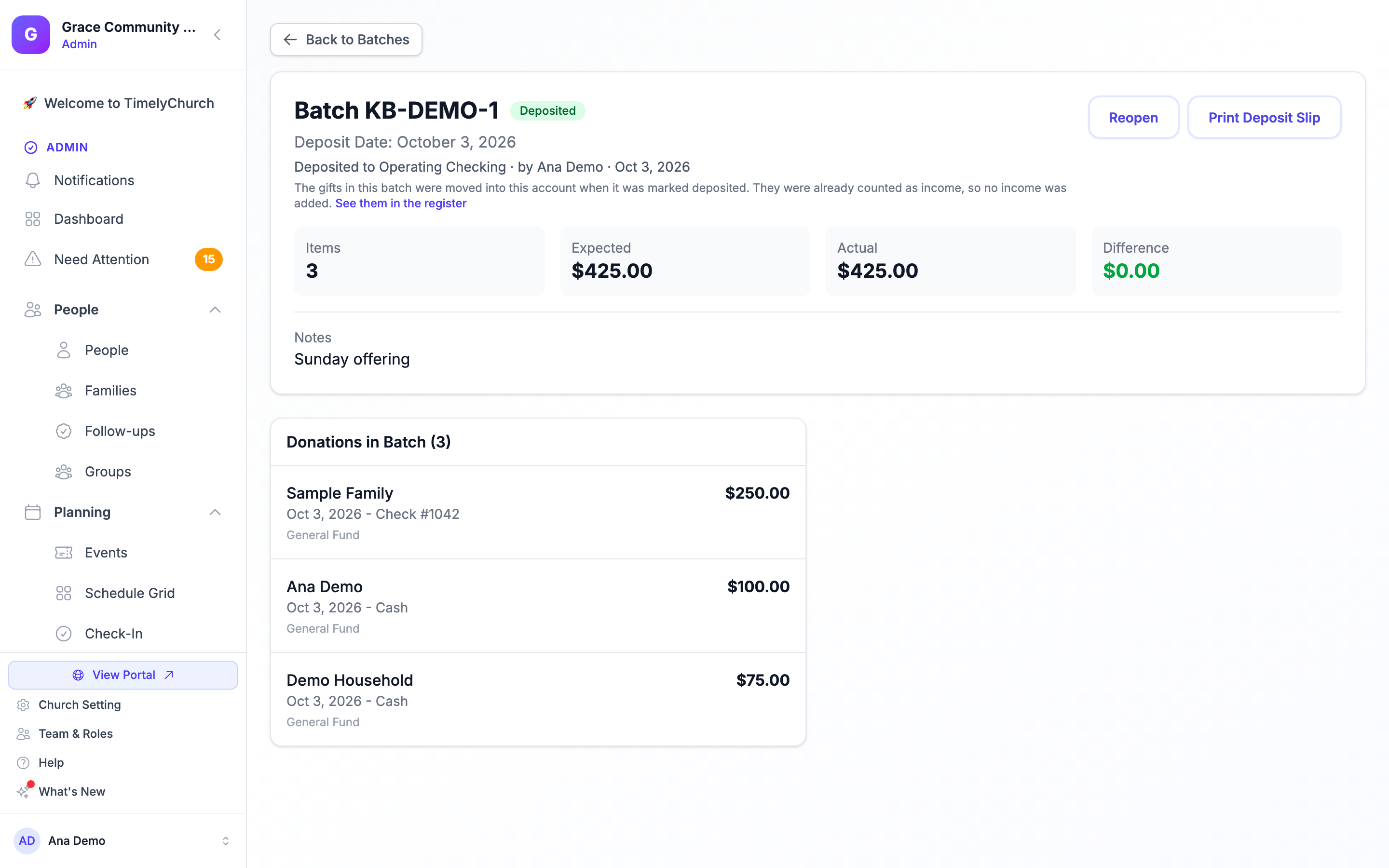 A deposited batch showing "Deposited to" the bank account with who marked it and when, the note that no income was added, the "See them in the register" link and the Reopen button