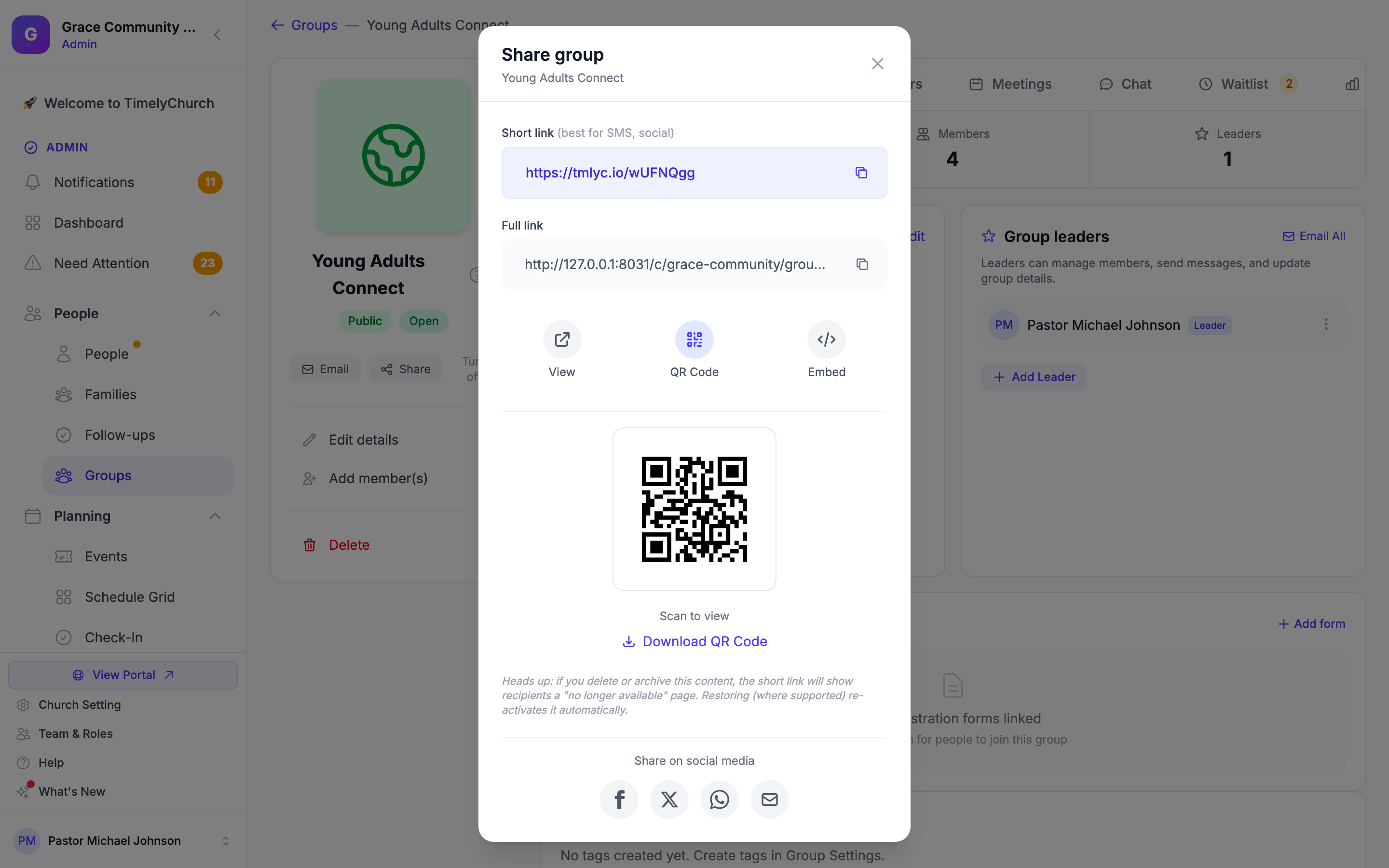 Das Fenster „Gruppe teilen“ mit Kurzlink, vollständigem Link und QR-Code