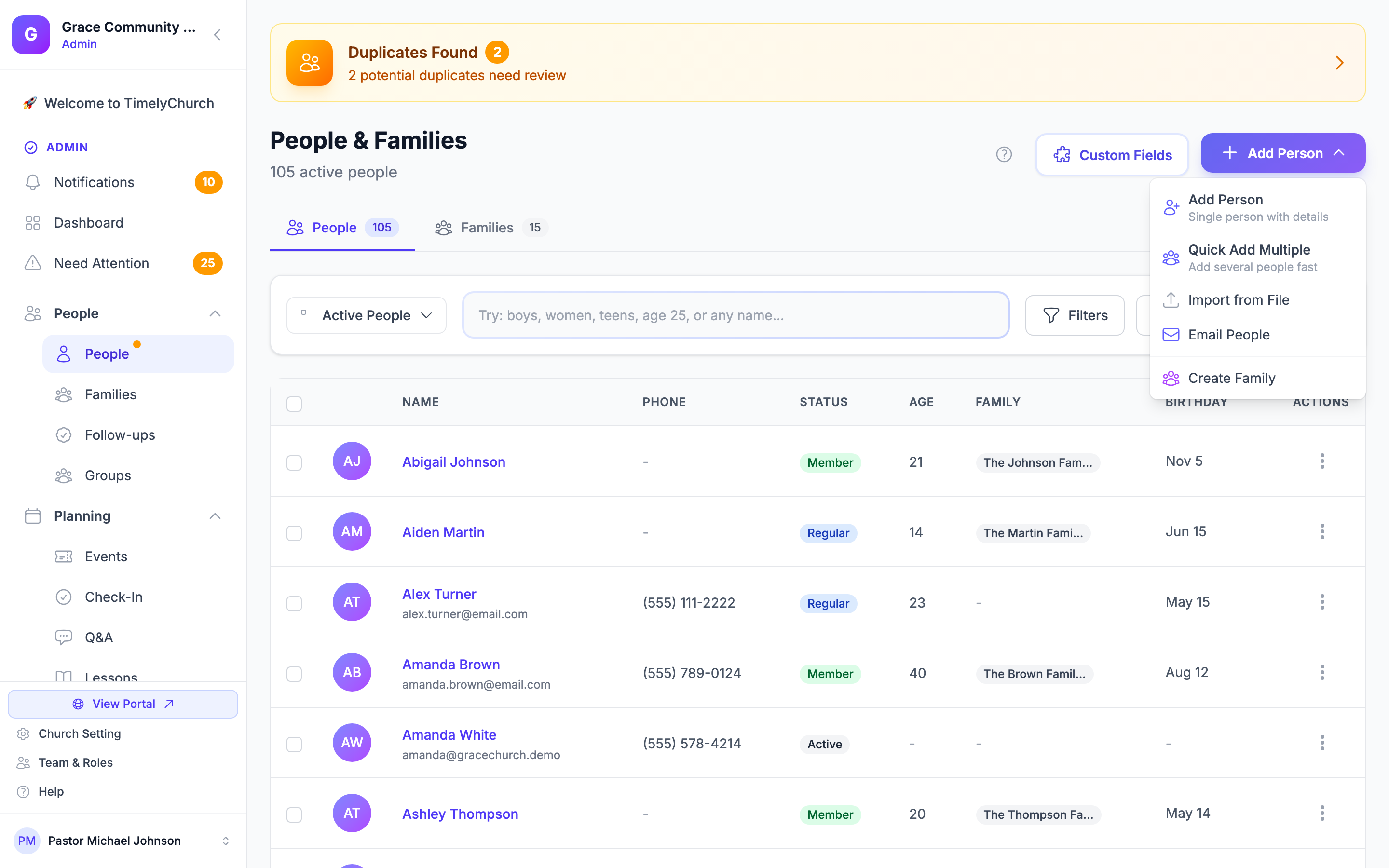 Personenseite mit geöffnetem Dropdown „Person hinzufügen", das die Option „Aus Datei importieren" zeigt