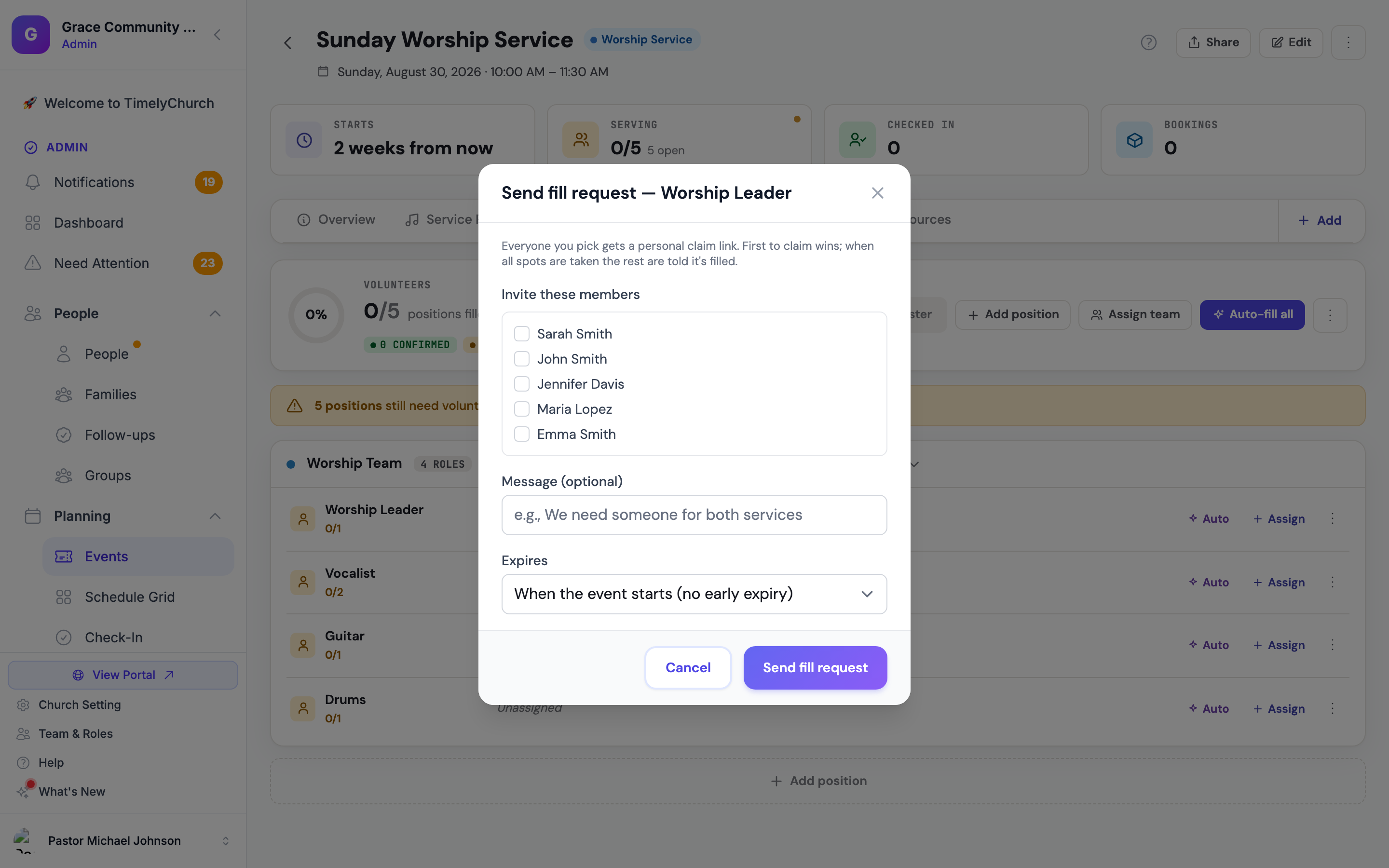 Der Dialog „Fill Request senden" im Tab Dienst einer Veranstaltung: die Position Worship-Leiter, fünf zur Auswahl stehende Teammitglieder, eine optionale Nachricht und die Auswahl des Ablaufdatums.