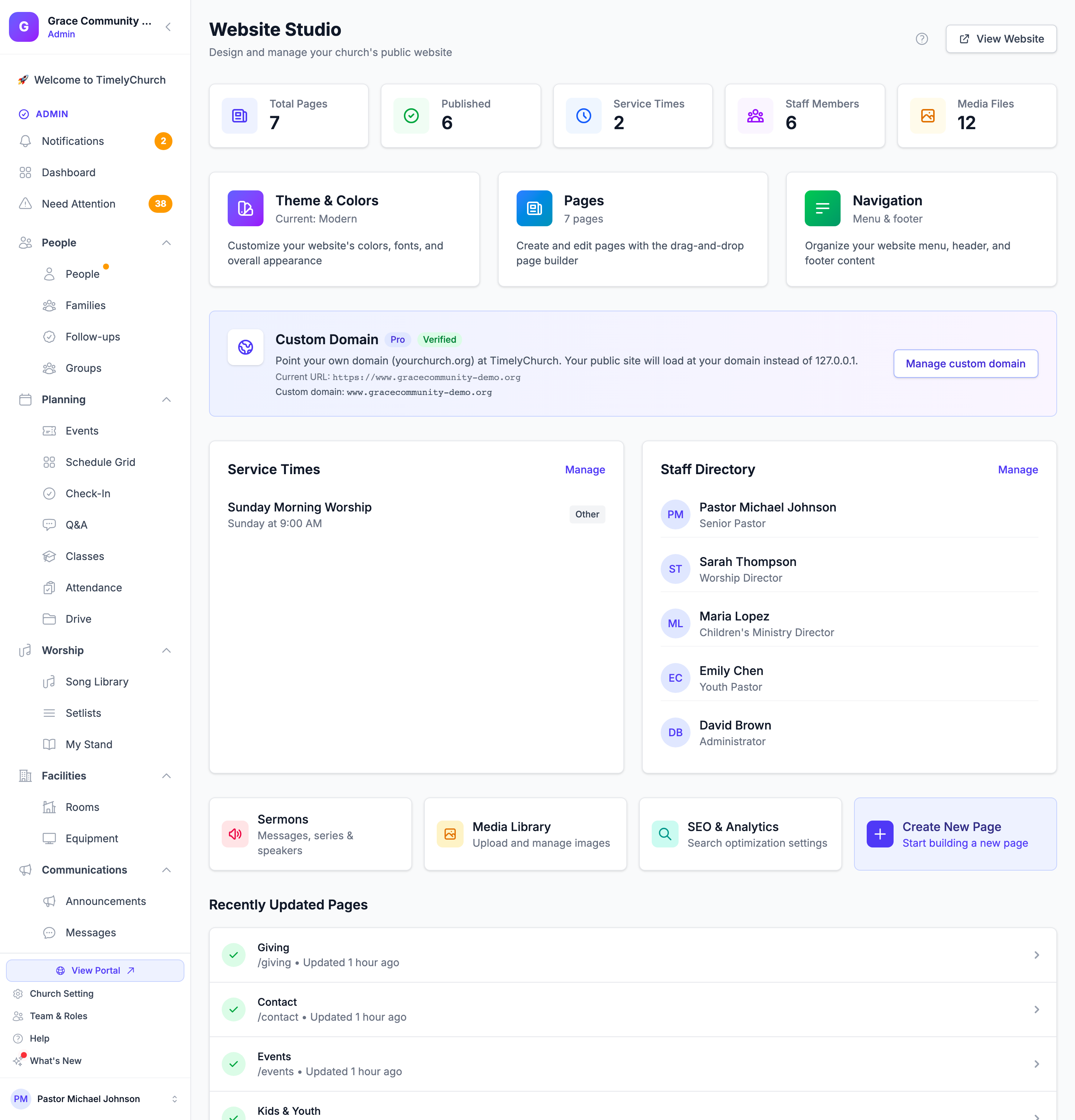 Das Website Studio-Dashboard mit den Zahlen zu Seiten und Medien, den Karten Design & Farben, Seiten und Navigation, der Karte Benutzerdefinierte Domain und den zuletzt aktualisierten Seiten