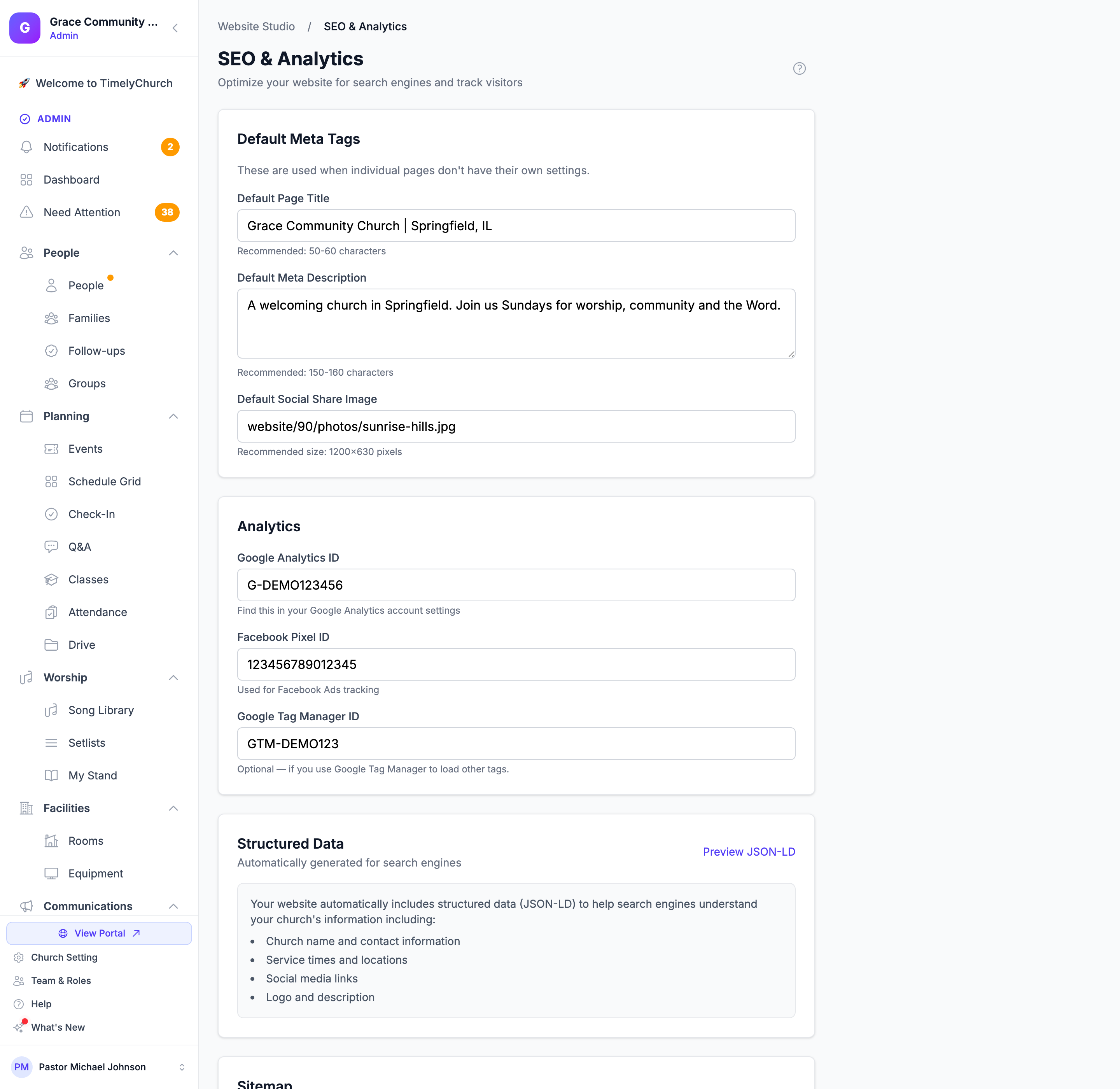 Die Seite SEO & Analysen mit den Karten Standard-Meta-Tags und Analysen