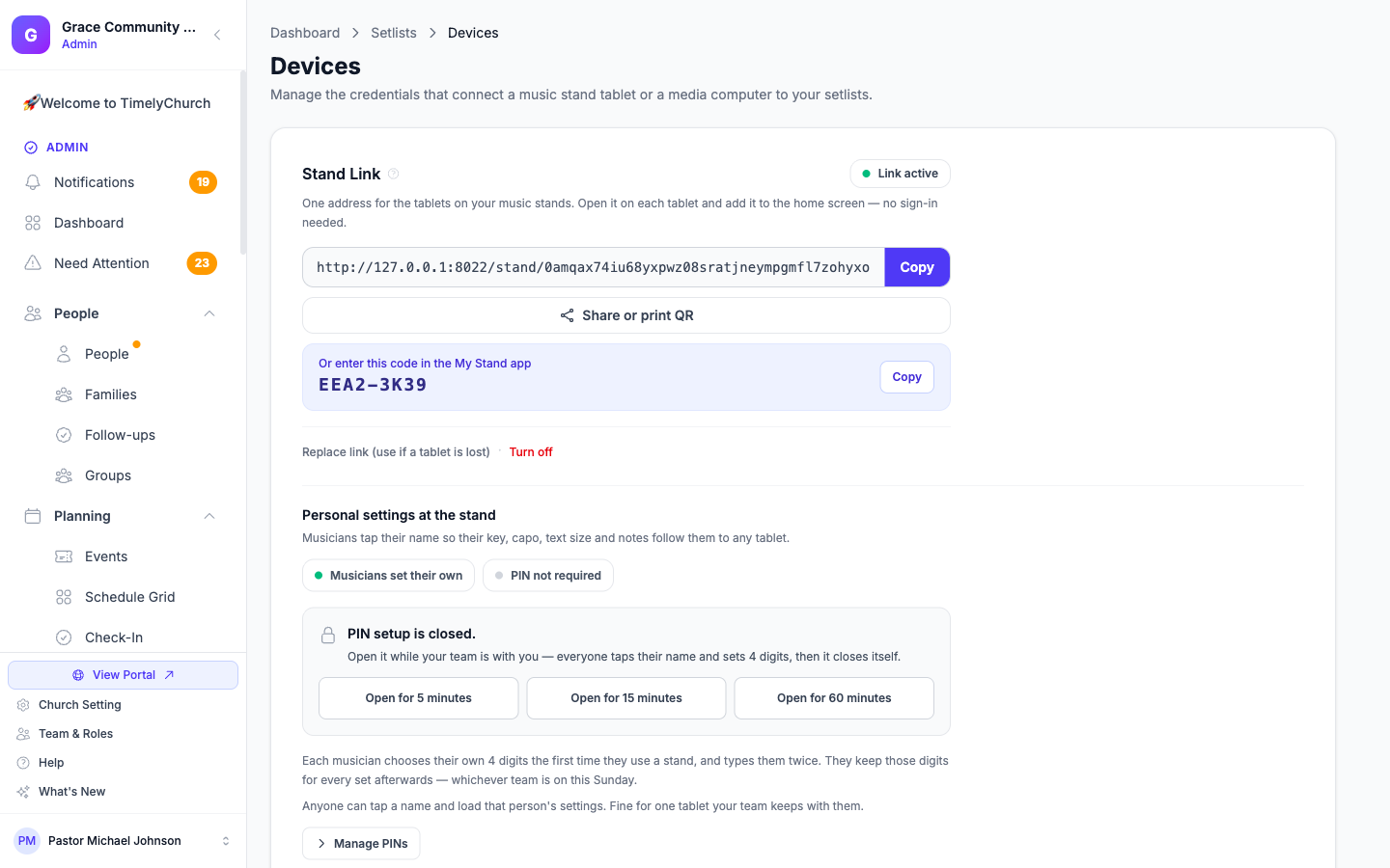 Der Tab Pult-Link auf der Geräte-Seite mit der Adresse, „QR-Code teilen oder drucken" und dem Aktivierungscode für die App „Mein Pult"